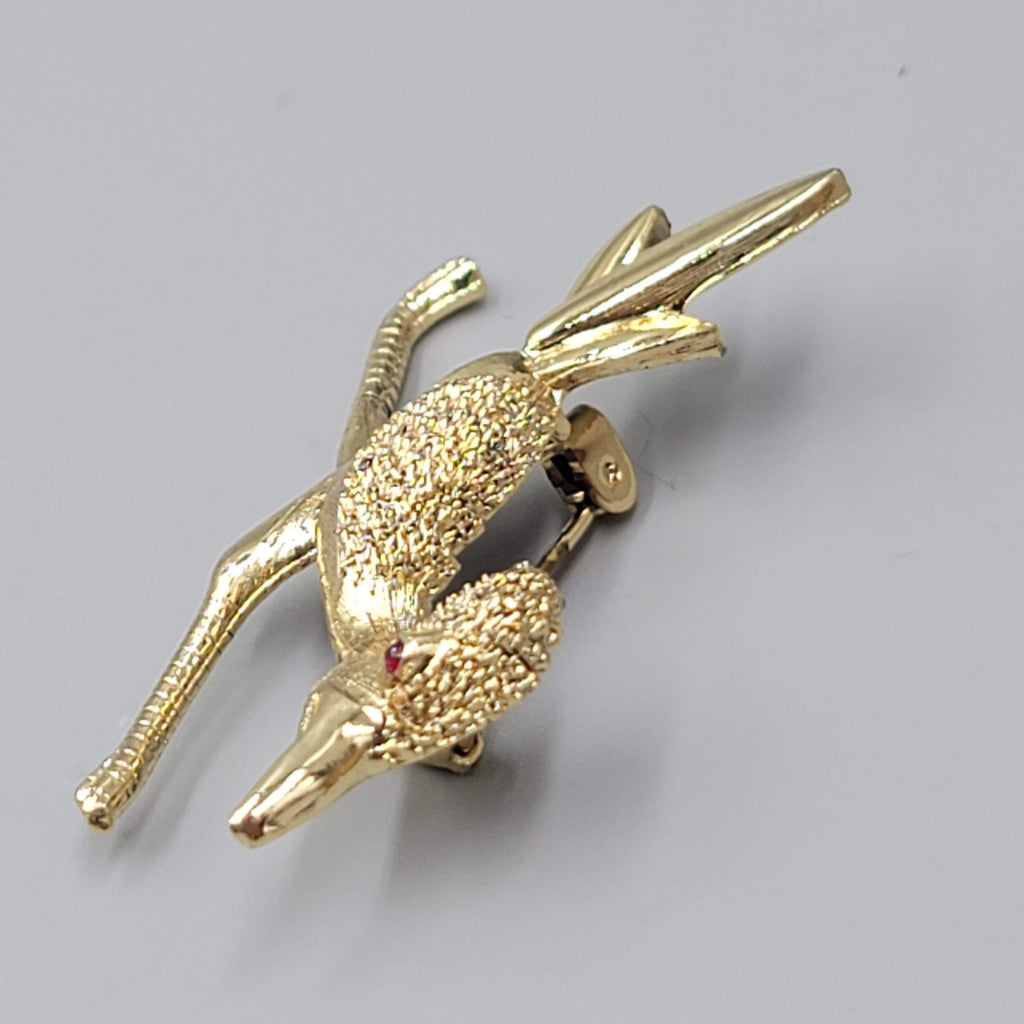 Vintage Roadrunner Brooch Gold tone Red Eye Estate Southwest NM AZ 1.75"