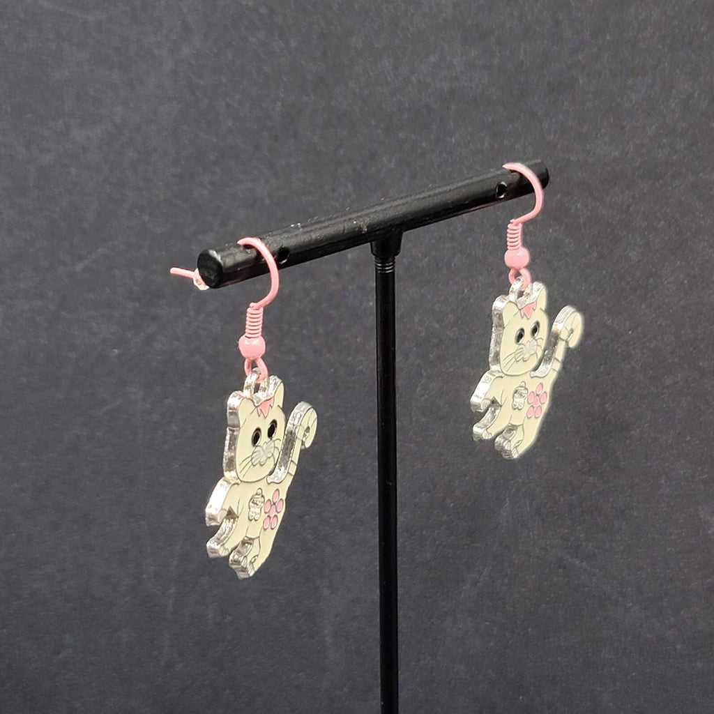 Pierced Earrings Pink White Enamel Kitty Cat Dangle Silver tone  1 1/8"