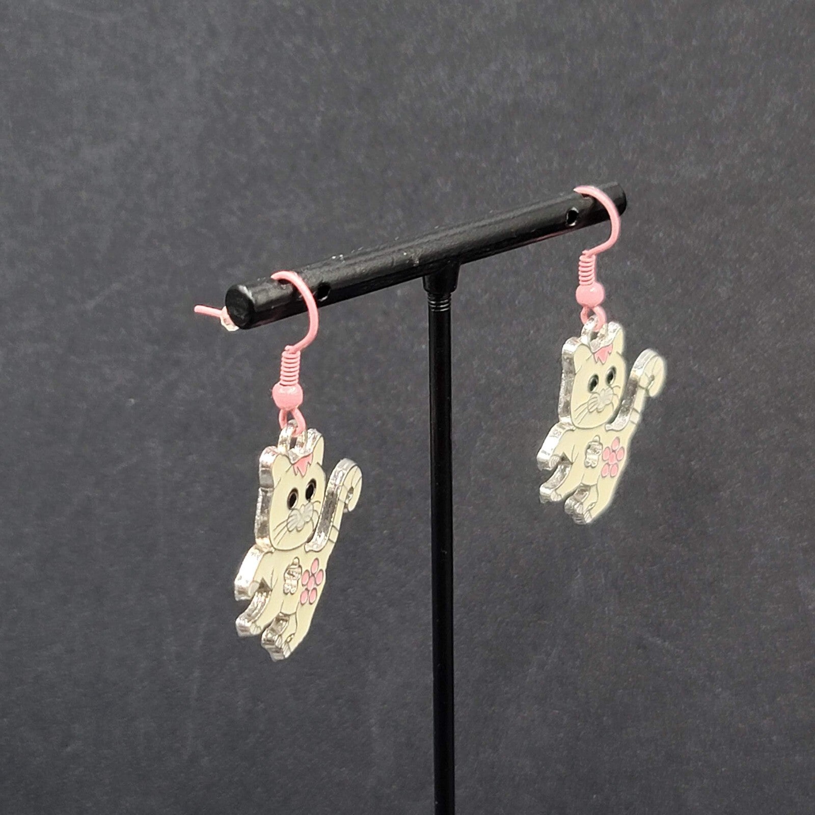 Pierced Earrings Pink White Enamel Kitty Cat Dangle Silver tone  1 1/8"