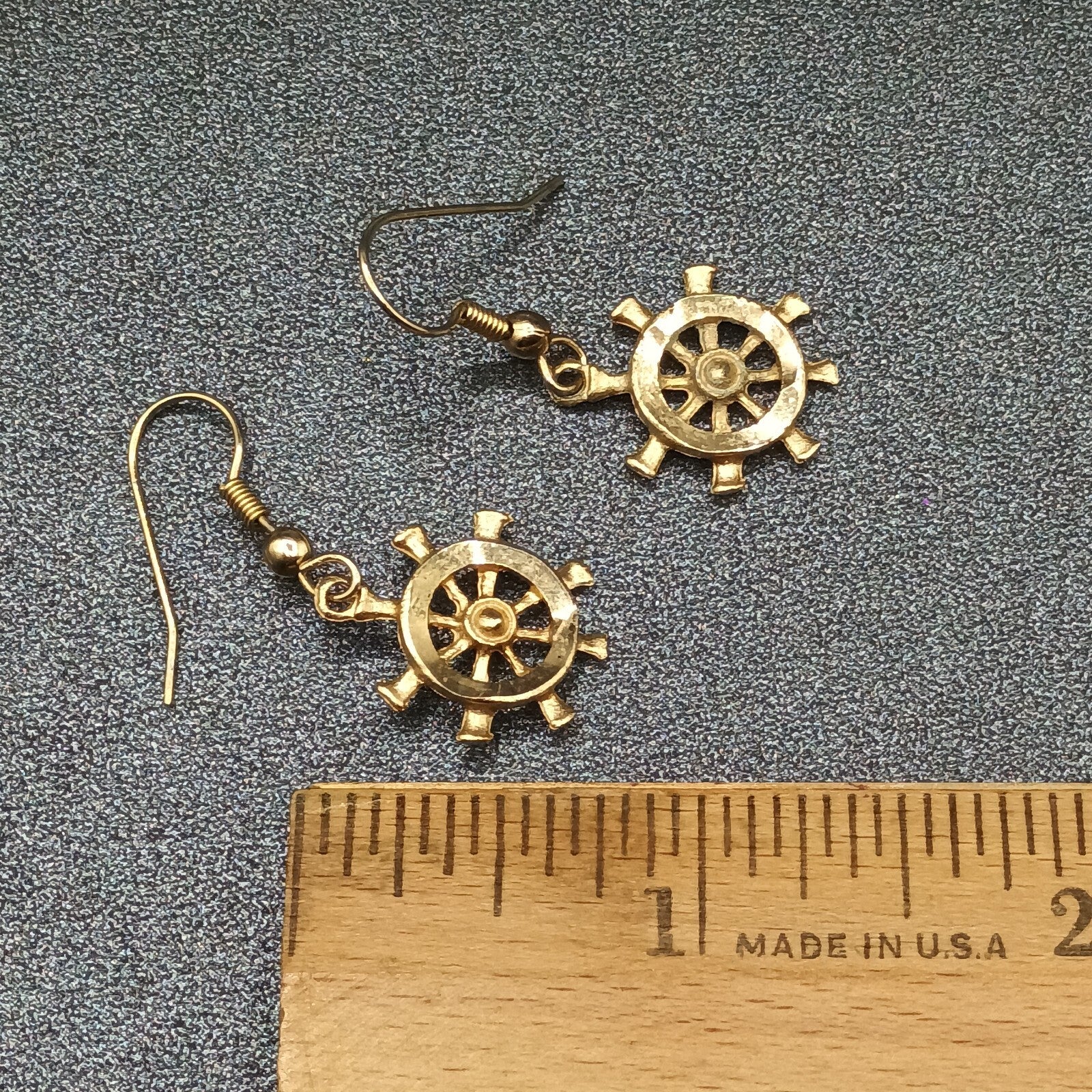 Pierced Earrings Gold tone Ship Wheel Nautical Theme Dangle 3/4"