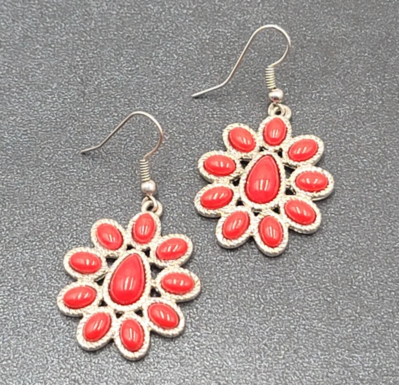 Pierced Earrings Silver tone Red Acrylic Accents 1 1/8"