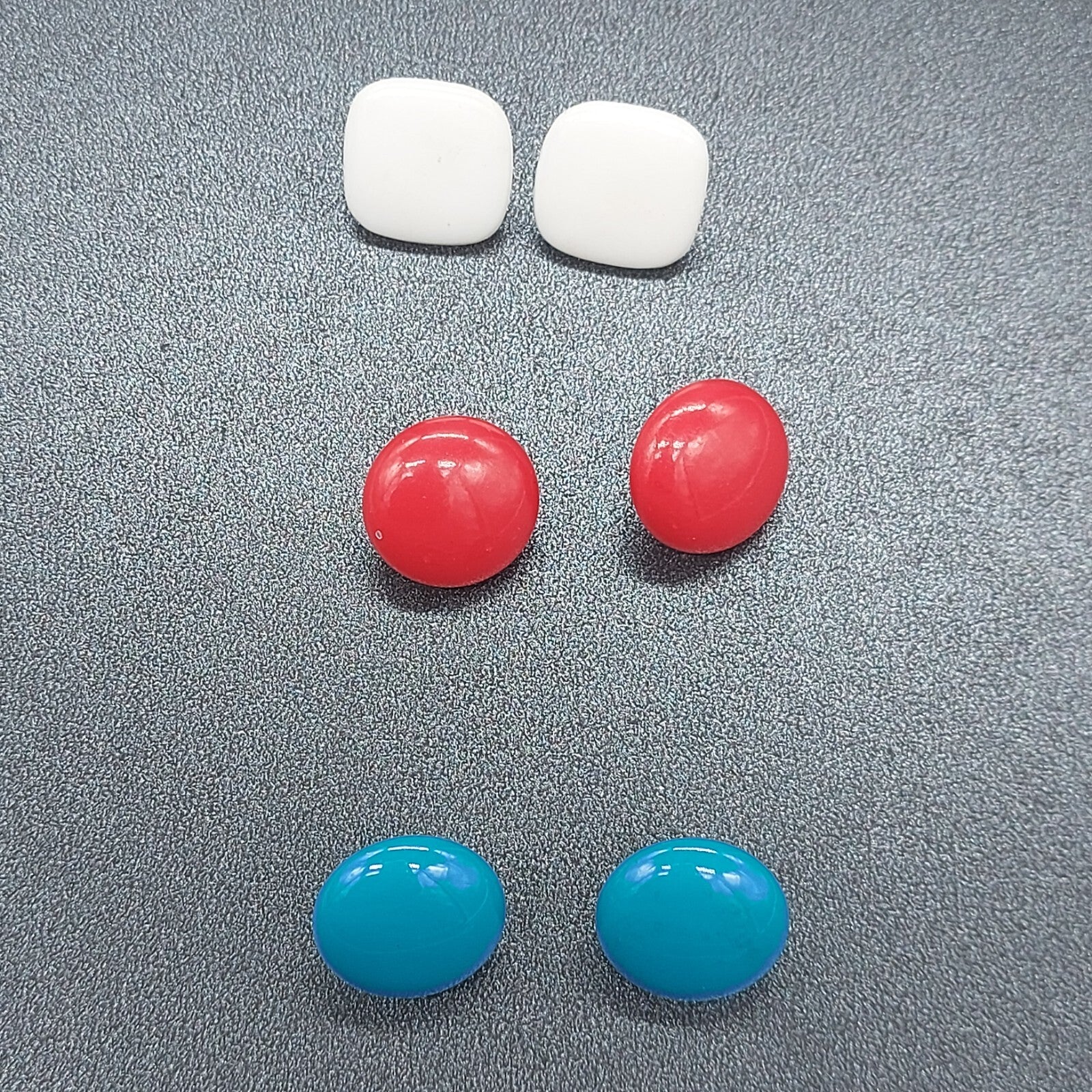 Vintage Lot of 3 Pierced Earrings Red White Blue Studs Square Circle 3/4"