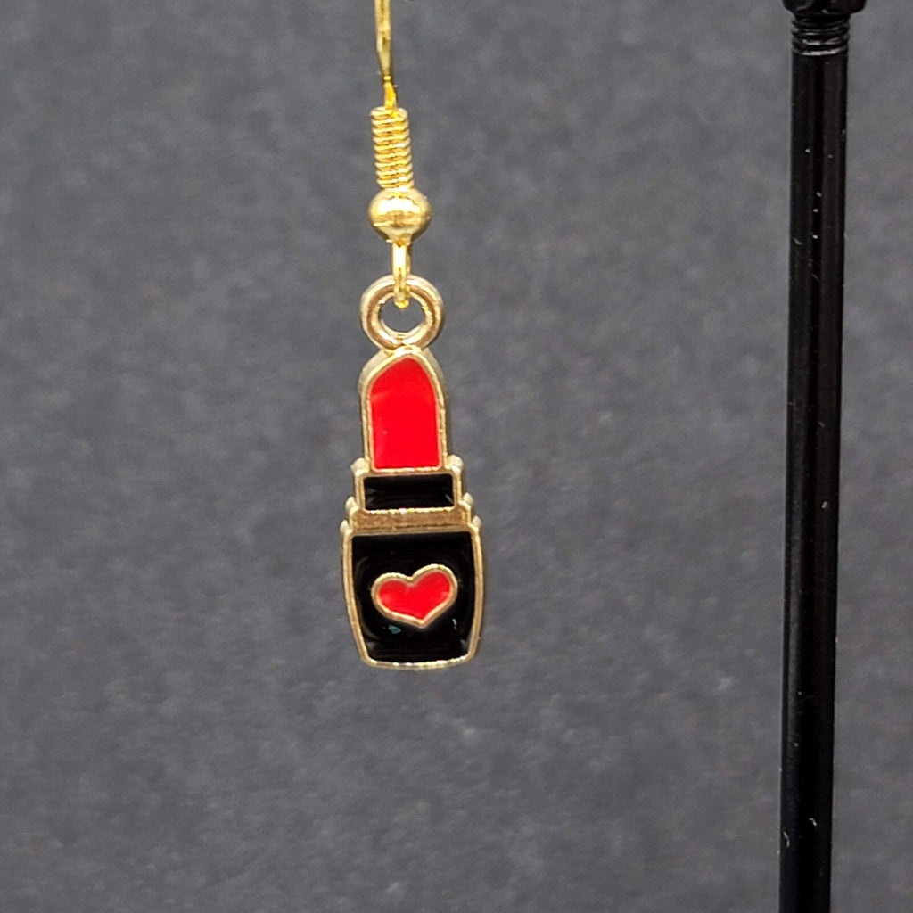 Lipstick Pierced Earrings Gold tone Red Heart Black Enamel Dangle 3/4"