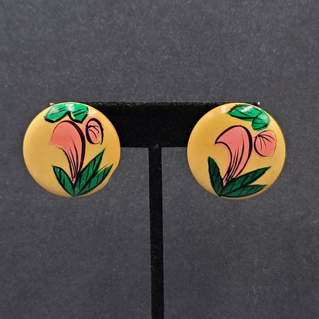 Vintage Pierced Earrings Round Wood Hand Painted 1 1/8"