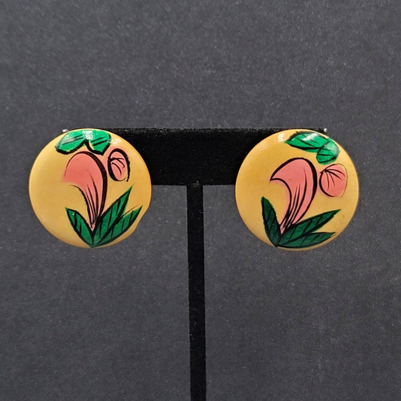 Vintage Pierced Earrings Round Wood Hand Painted 1 1/8"