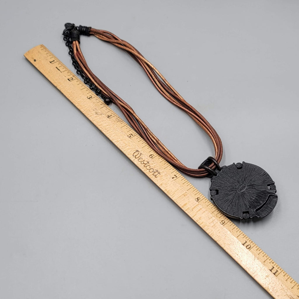 Chicos Medallion Necklace Brown Cord Asian Round Pendant 16"-18"