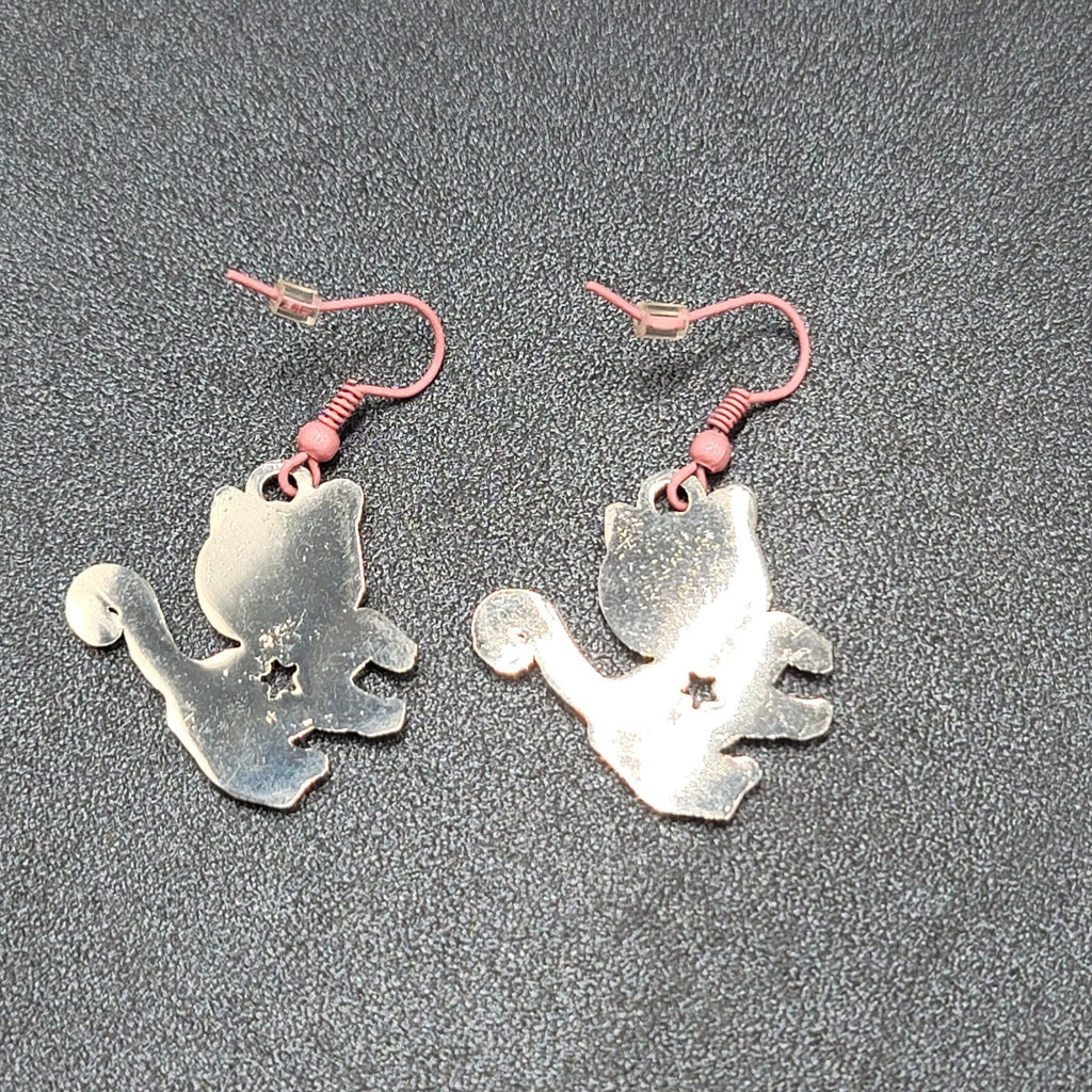 Pierced Earrings Pink White Enamel Kitty Cat Dangle Silver tone  1 1/8"