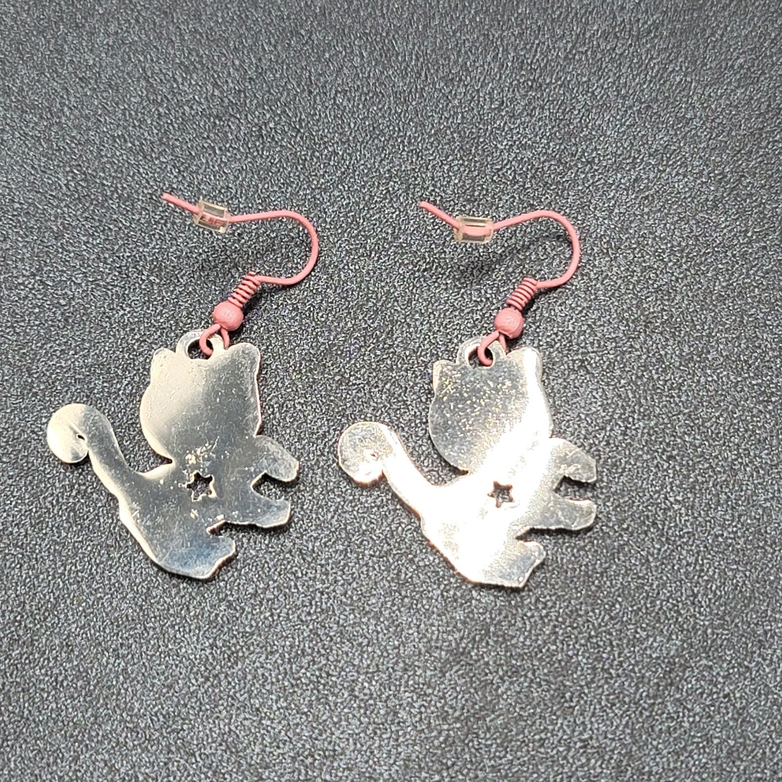 Pierced Earrings Pink White Enamel Kitty Cat Dangle Silver tone  1 1/8"