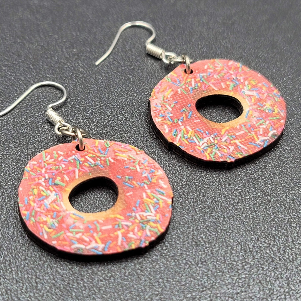 Pierced Earrings Pink Sprinkle Donuts Wood Dangle 1"