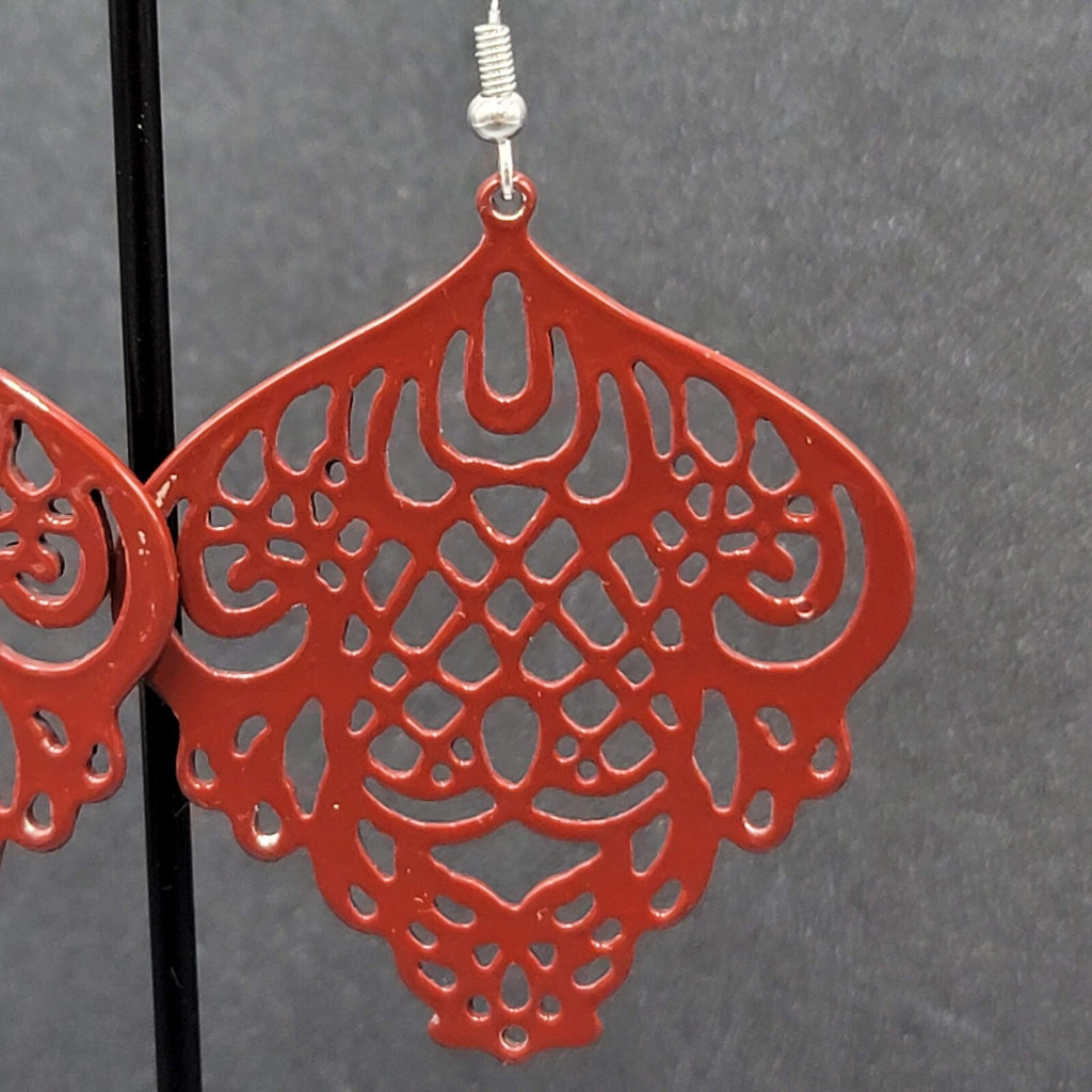 Pierced Earrings Burgandy Red Enamel over Metal Open work 2"