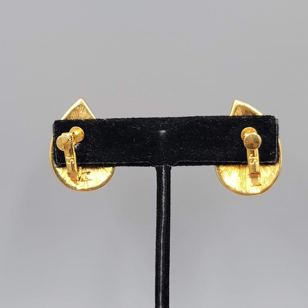 Vintage White Enamel Clip on Earrings Gold Plated Drop Signed JS 1 1/8"