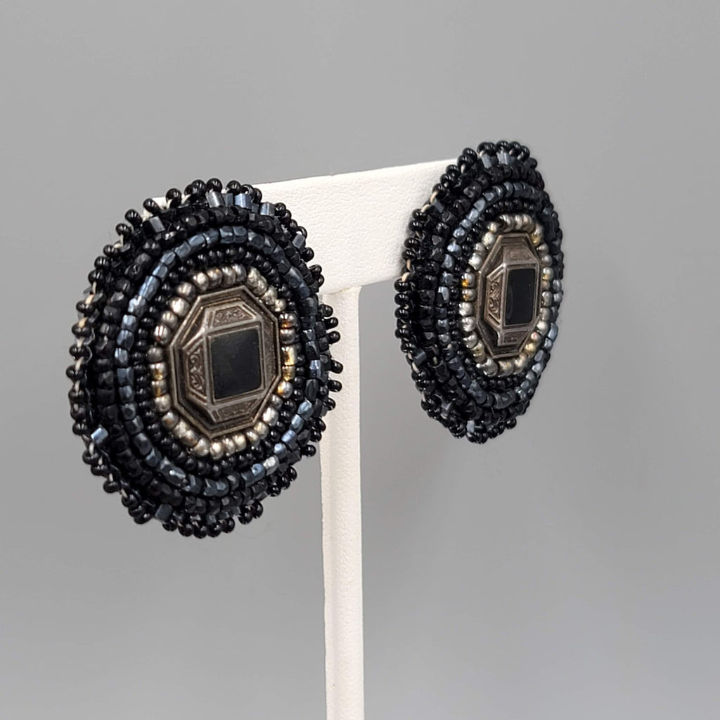 Vintage Black Seed Bead Round Pierced Earrings Statement 1.5 in