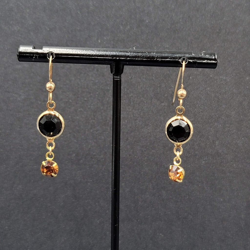 Pierced Earrings Gold tone Black Orange Rhinestone Dangle 1"