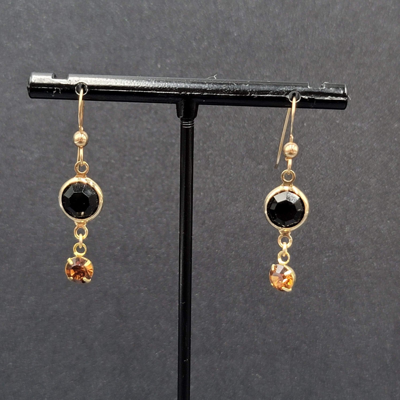 Pierced Earrings Gold tone Black Orange Rhinestone Dangle 1"