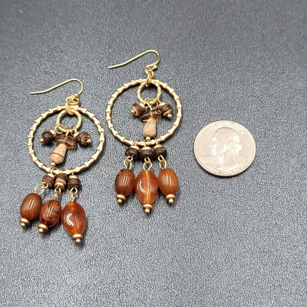 Pierced Earrings Gold tone Natural Colored Acrylic Beads Coconut Shell Bead 2.5"