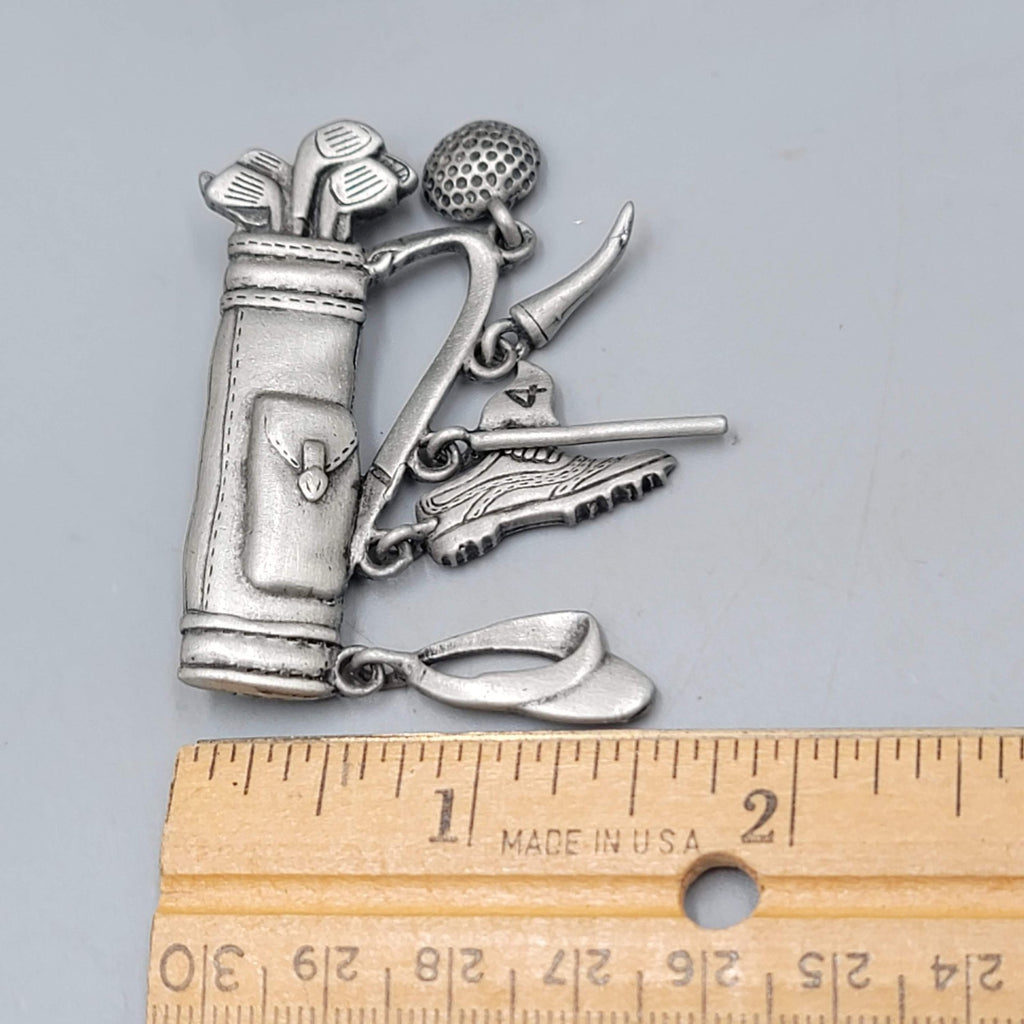 Vintage JJ Brooch Golf Clup Charms Silver tone Pewter 2 in