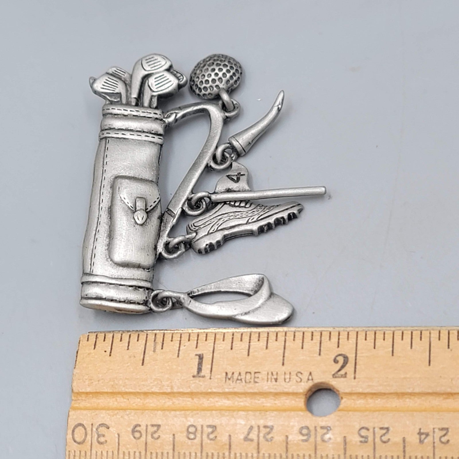 Vintage JJ Brooch Golf Clup Charms Silver tone Pewter 2 in