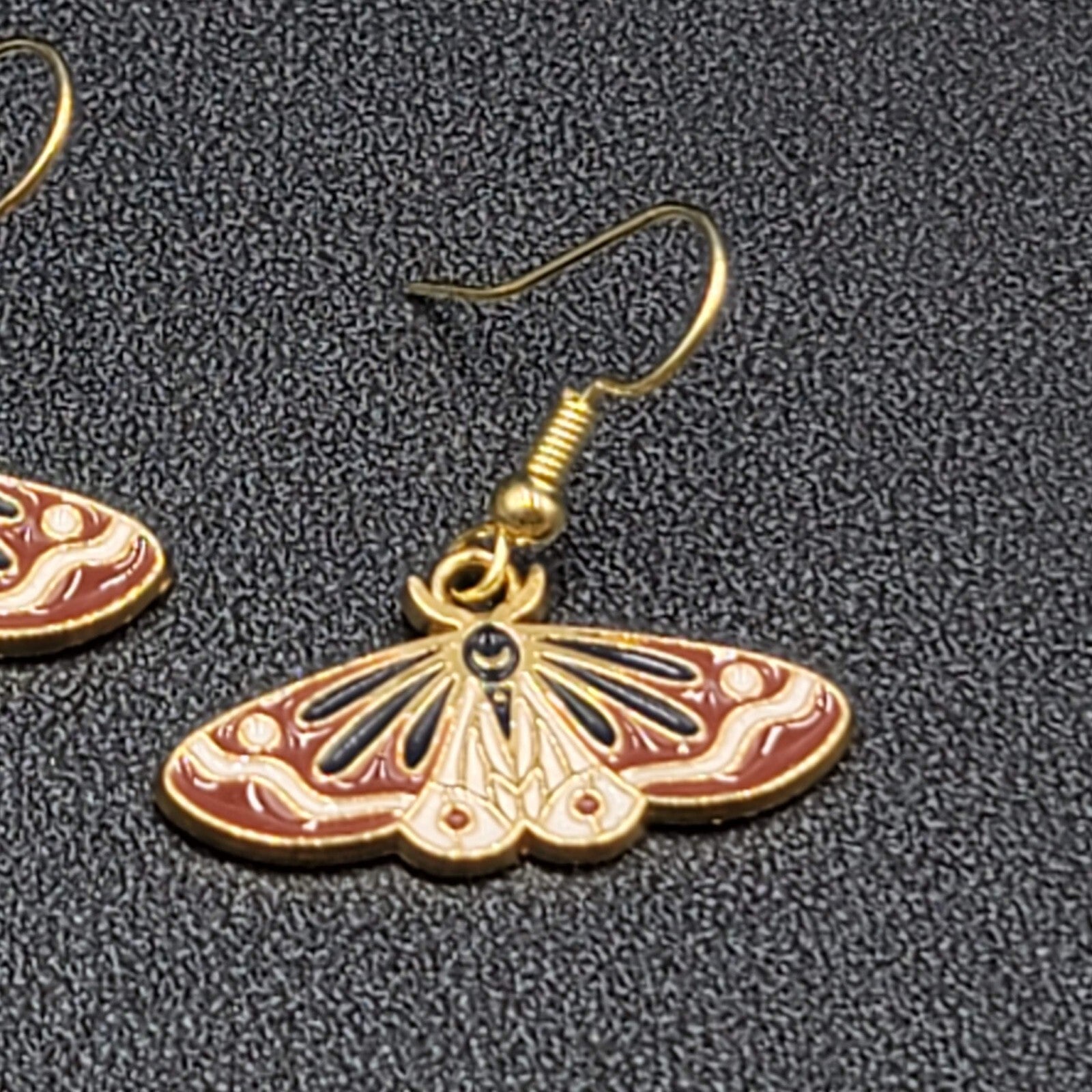 Moth Pierced Earrings Gold tone Brown Black Enamel Dangle 1/2"