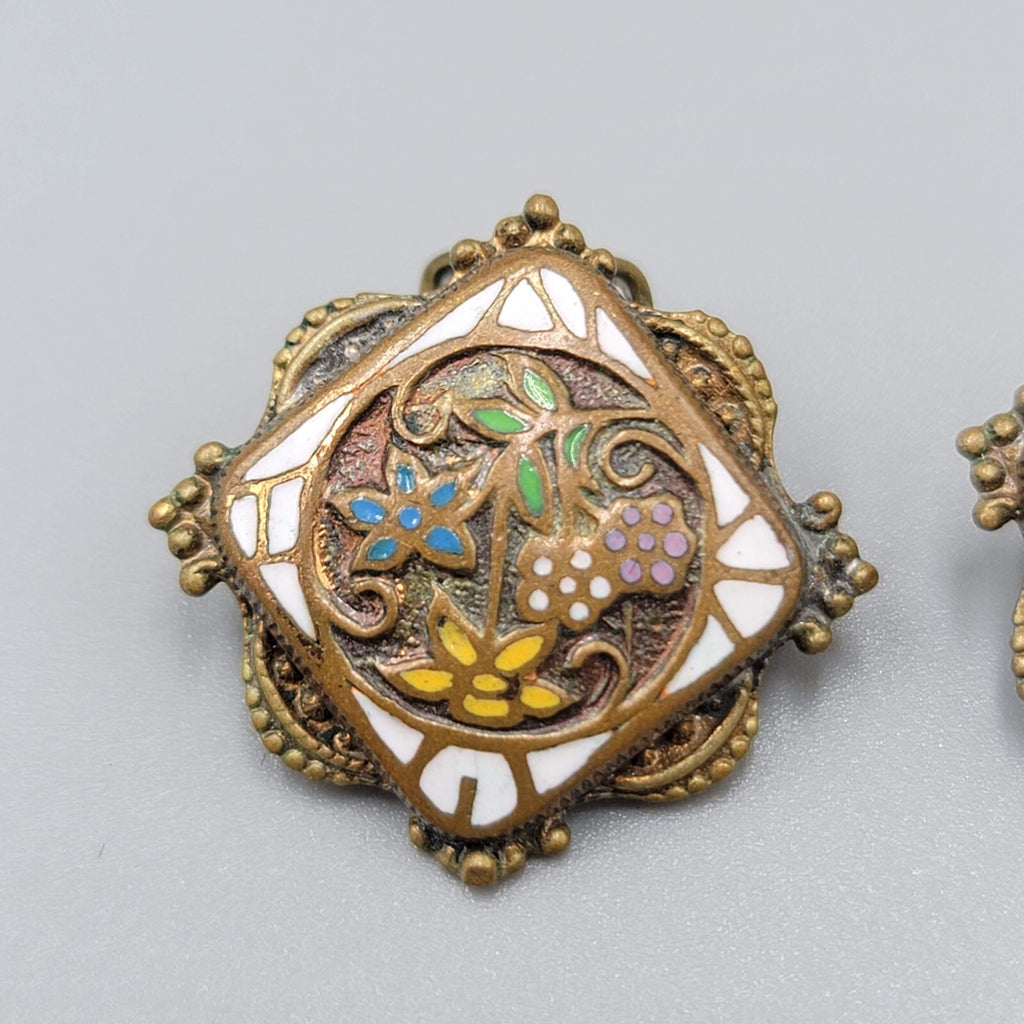 Antique Vintage Flower Enamel Clip on Earrings Brass Gold tone Square 7/8"
