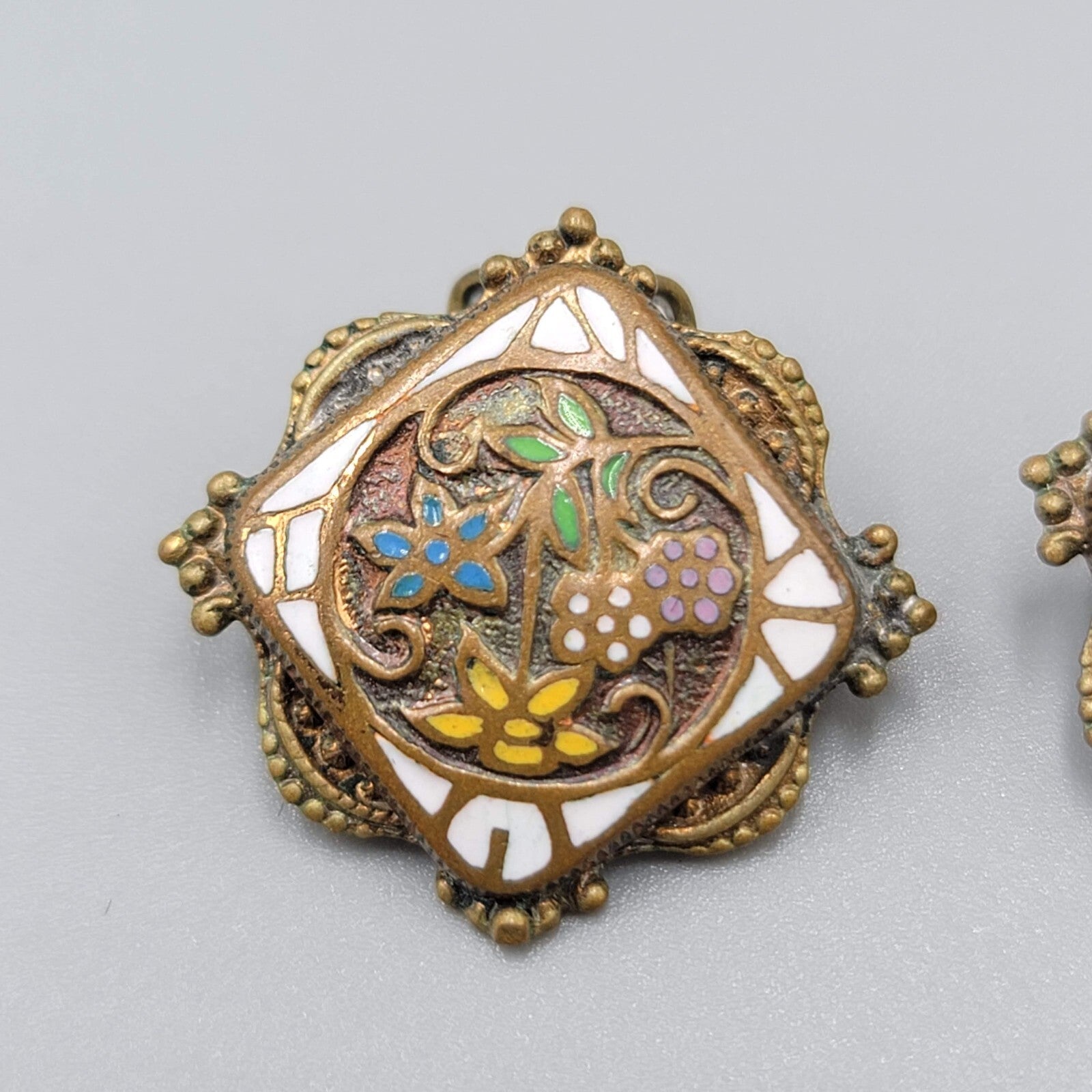 Antique Vintage Flower Enamel Clip on Earrings Brass Gold tone Square 7/8"