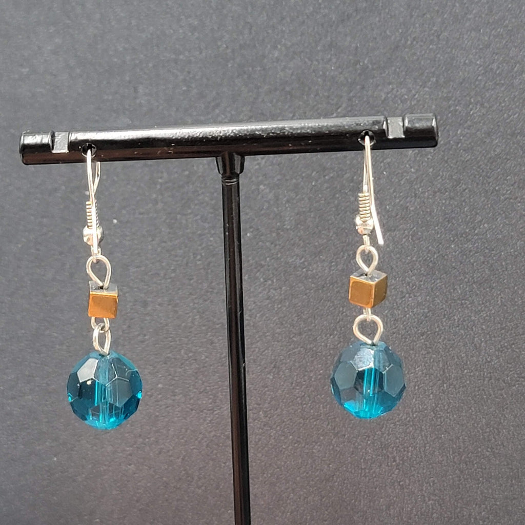 Pierced Earrings 1" Silver tone Blue Bead Copper Square Dangle 1"
