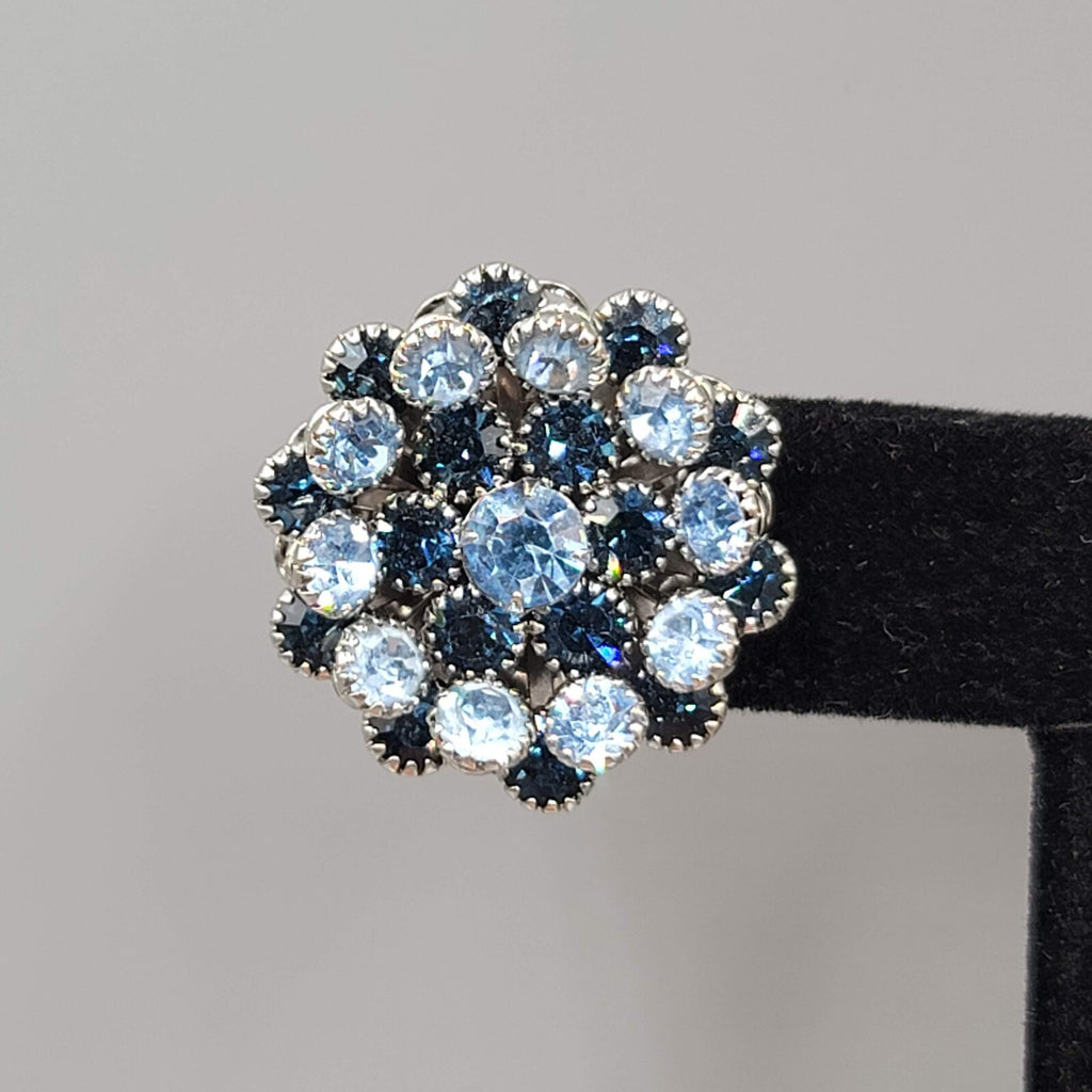 Vintage Blue Rhinestone Clip on Earrings Silver tone Screw Back Round 7/8"