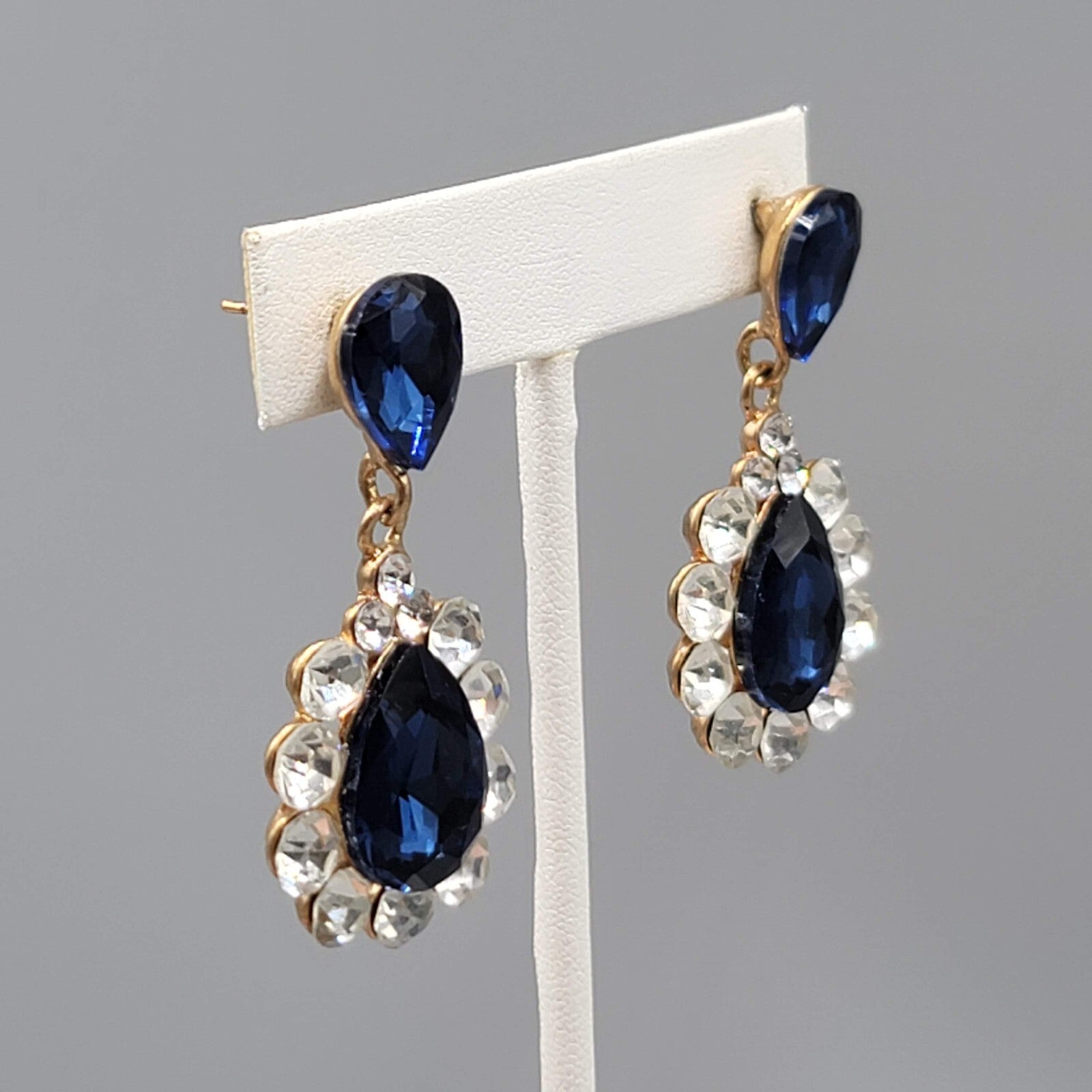 Blue Teardrop Glass Pierced Earrings Gold tone Dangle 2"