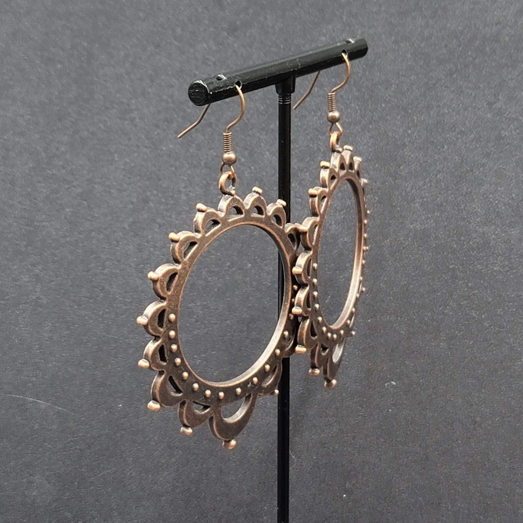 Boho Pierced Earrings Bronze tone Hoop Dangle 2.25"