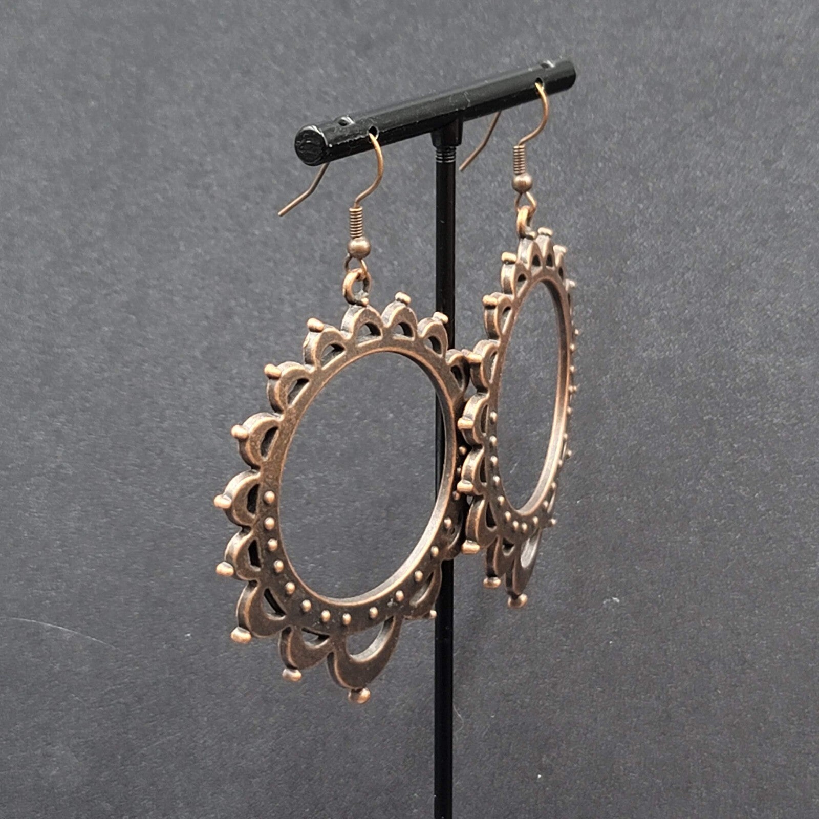 Boho Pierced Earrings Bronze tone Hoop Dangle 2.25"