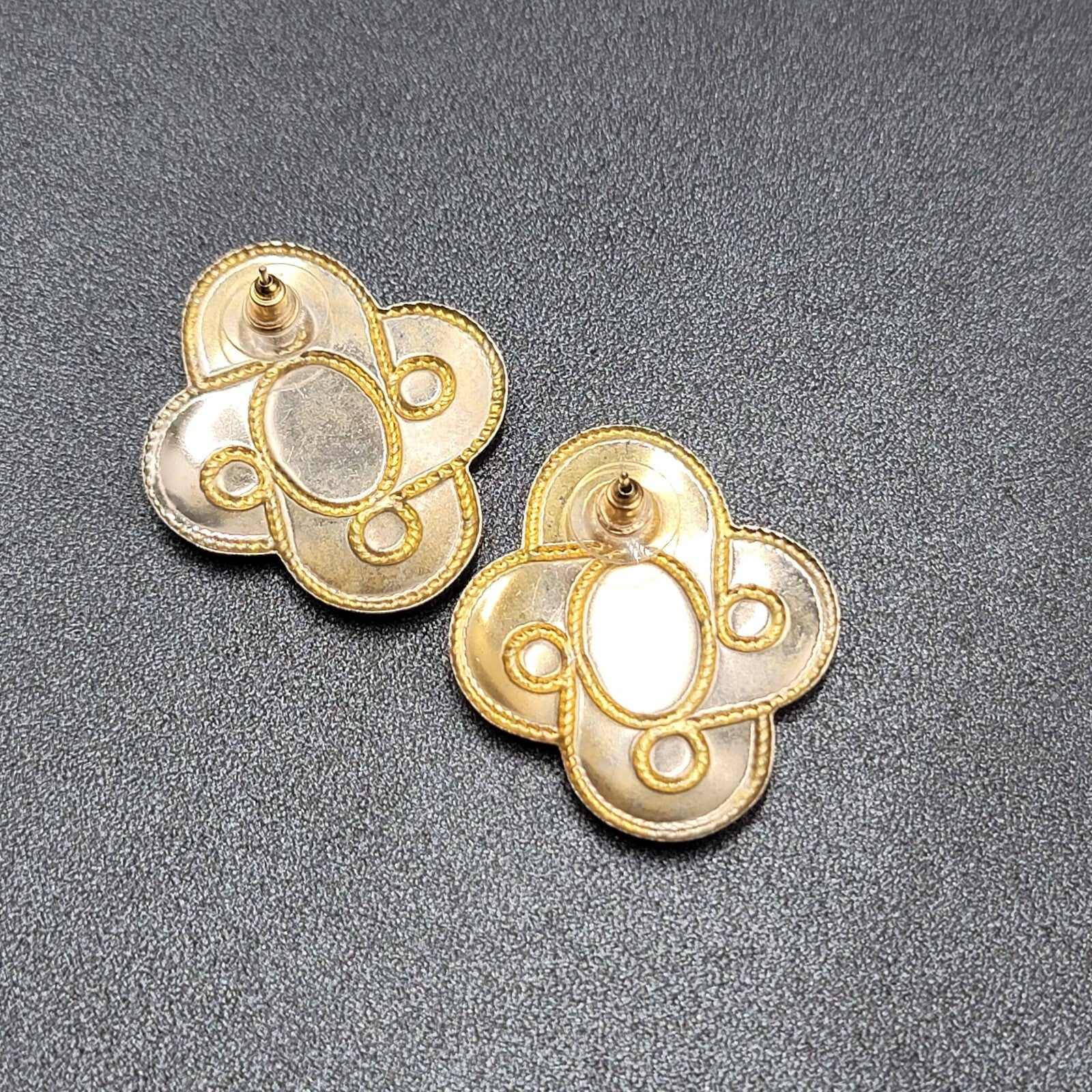 Vintage Pierced Earrings Black Cream Enamel Large Statement 1.5"