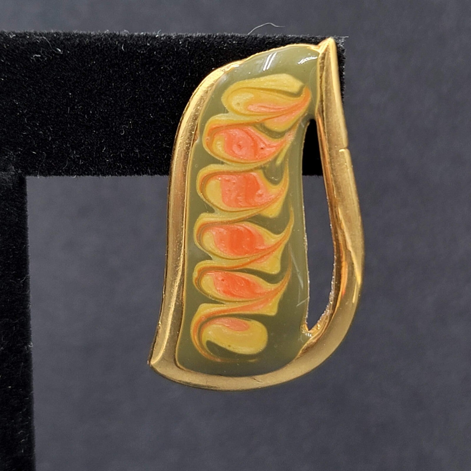Vintage Pierced Earrings Gold tone Green Pink Enamel Swirl Statement Drop 1.5"