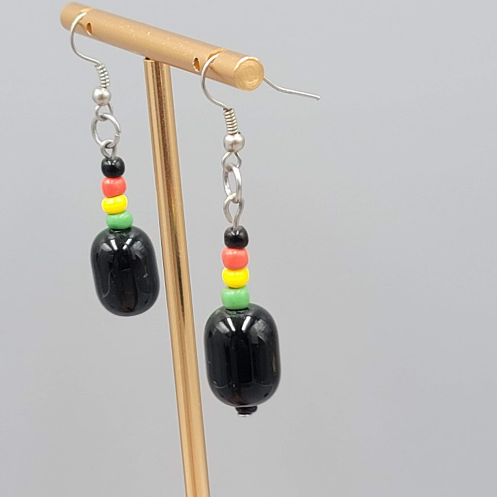 Rasta Beaded Pierced Earrings Silver tone Dangle 1.25"