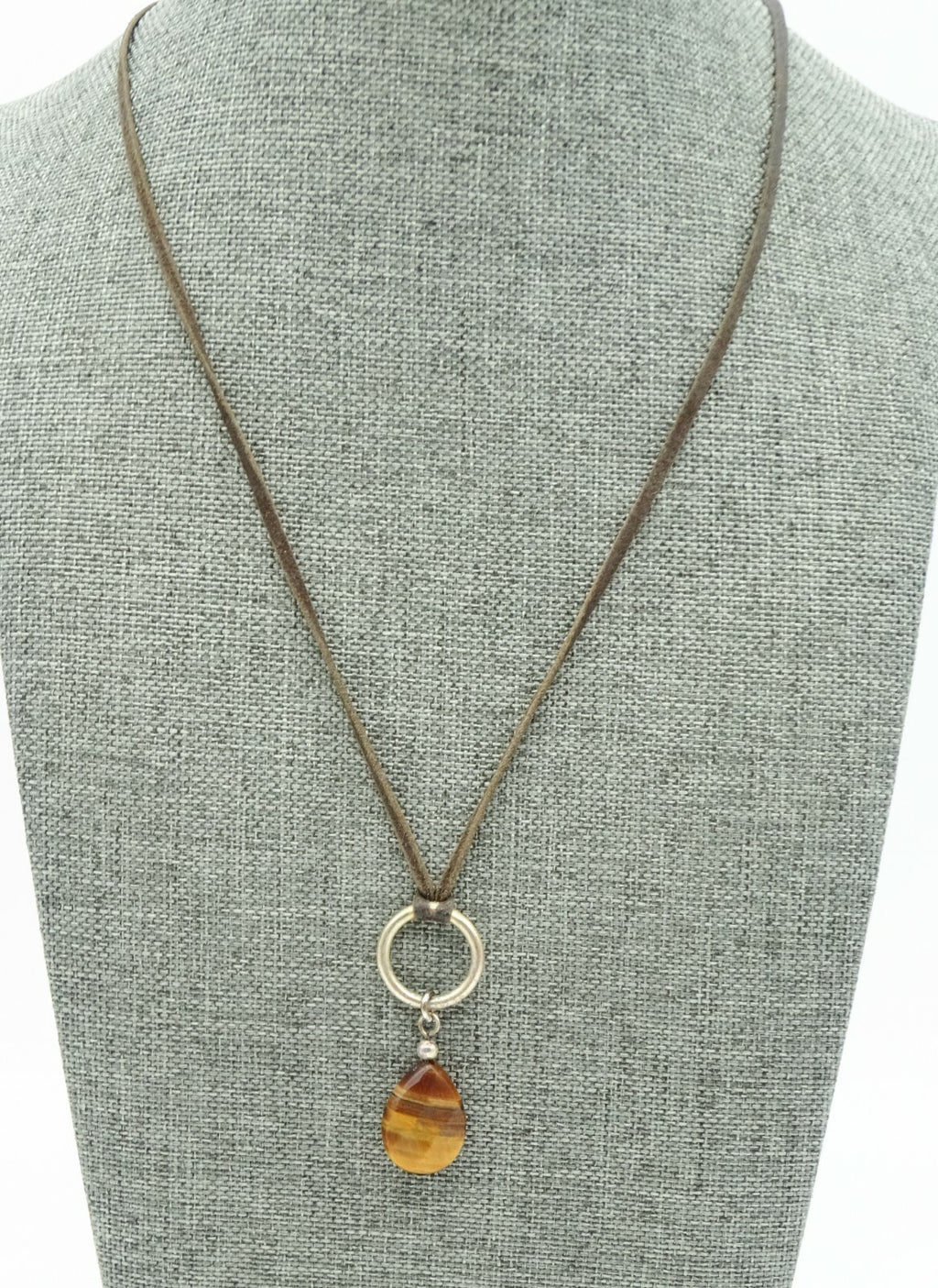 Signed NYGARD Tigers Eye Stone Pendant Necklace Suede Leather Cord 18" - 20"