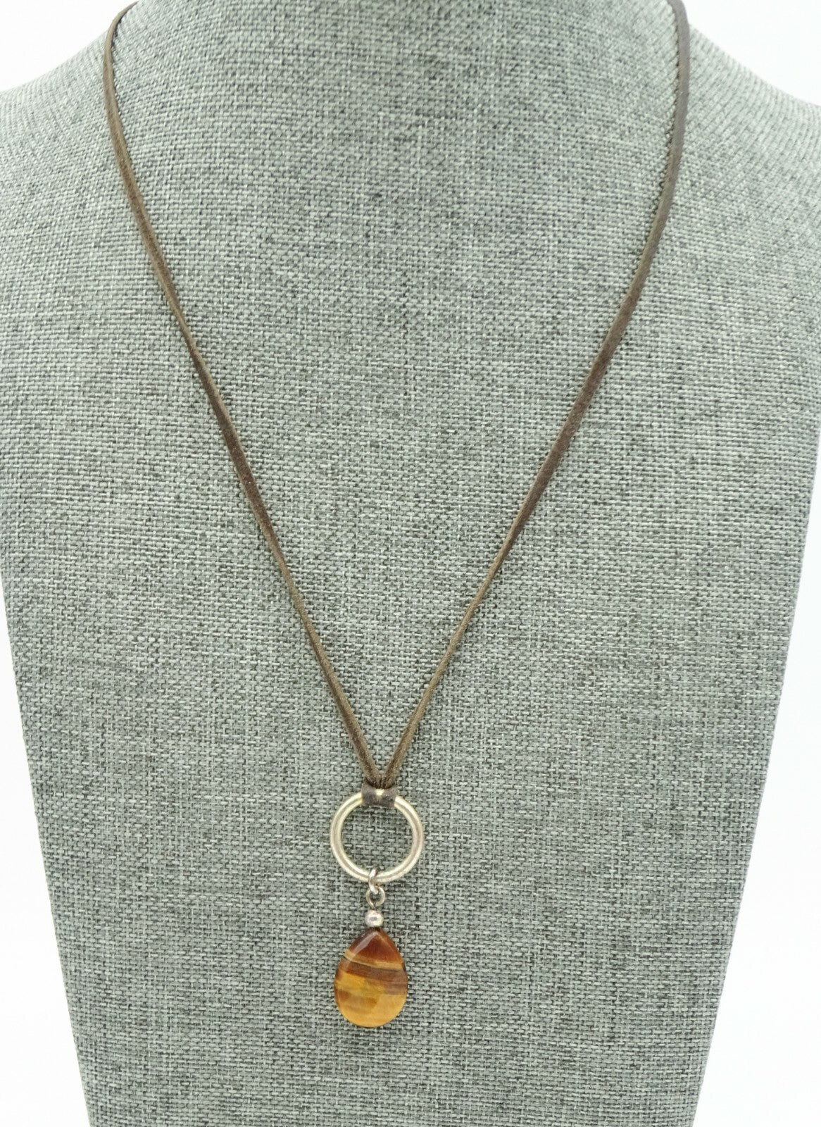 Signed NYGARD Tigers Eye Stone Pendant Necklace Suede Leather Cord 18" - 20"