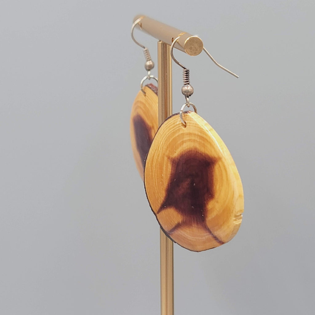 Live Edge Wood Round Pierced Earrings Clear Finish Dangle  1.5"