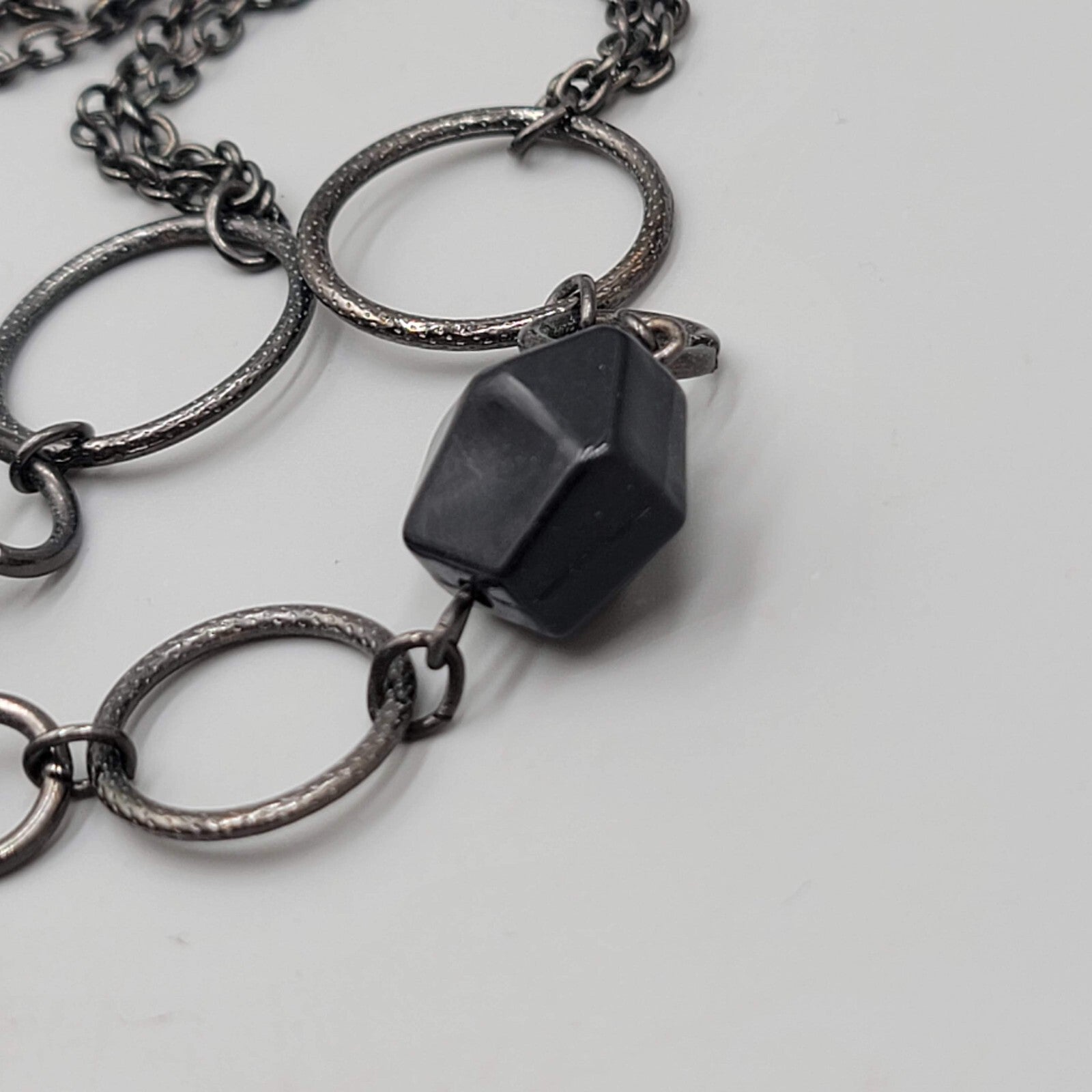 NY Necklace Black Metal Red Gray Bead Statement Long 36"+