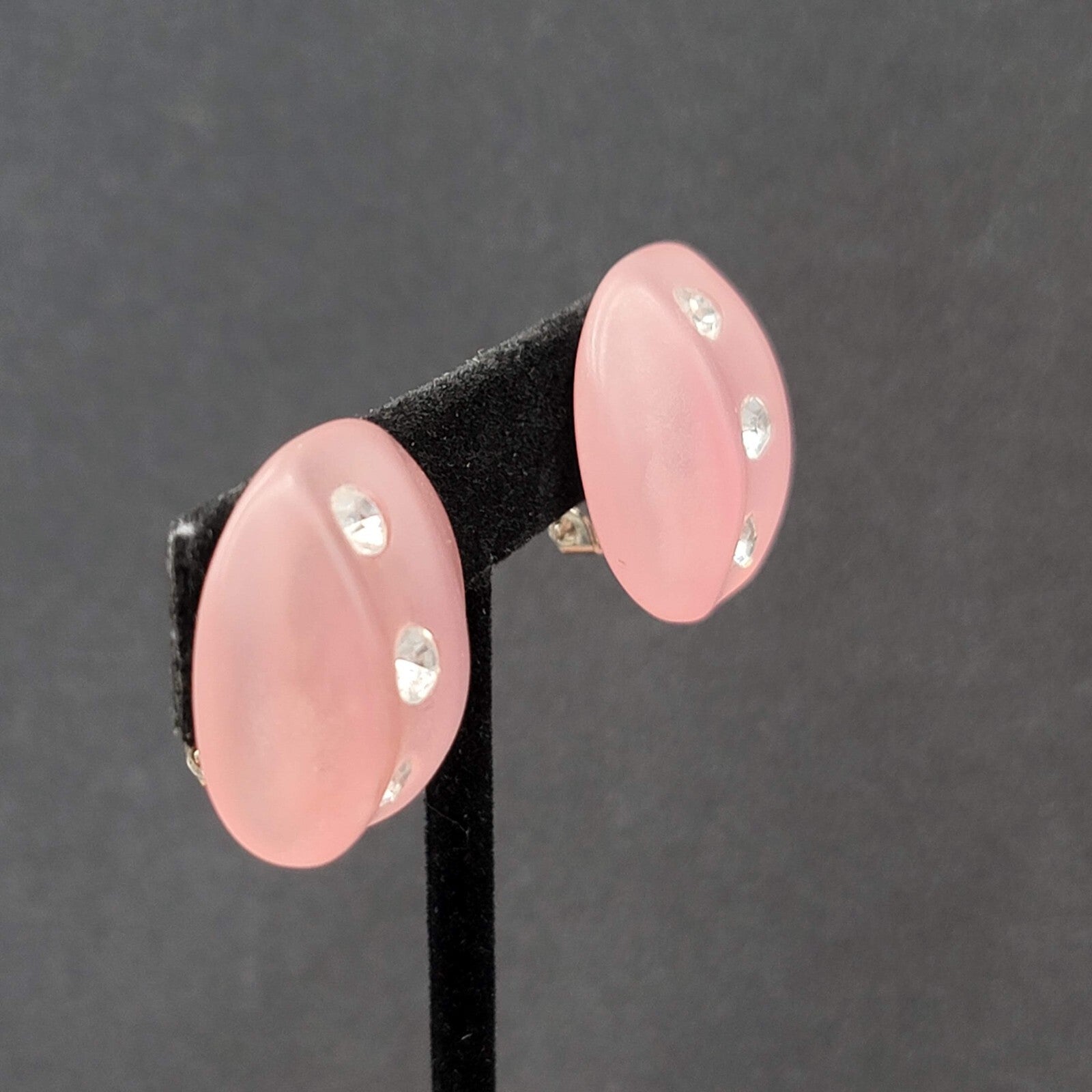 Vintage Clip on Earrings Pink Translucent Acrylic Rhinestone Dome 1"