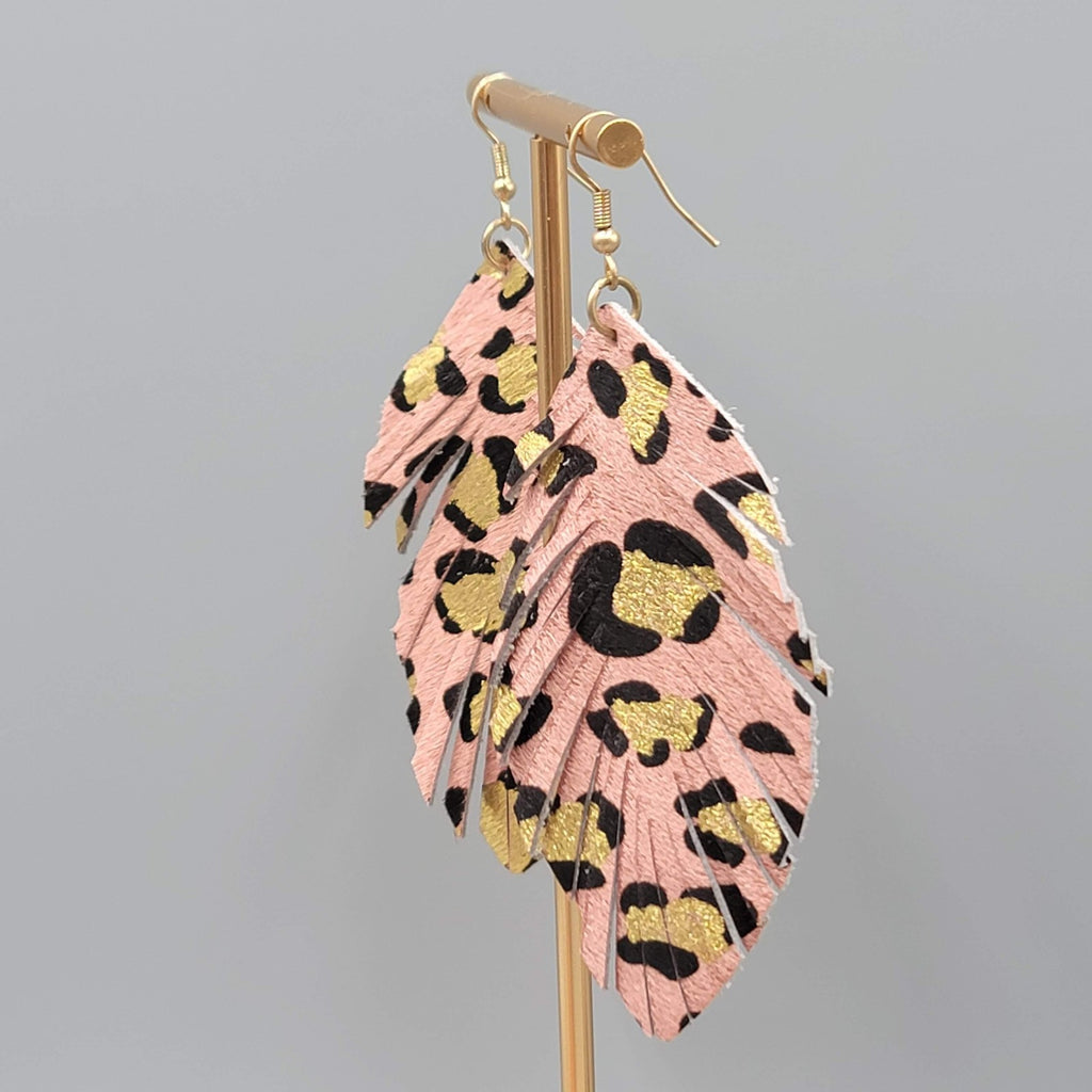 Leopard Print Leaf Earrings Faux Leather Statement Lightweight Boho 3.25"