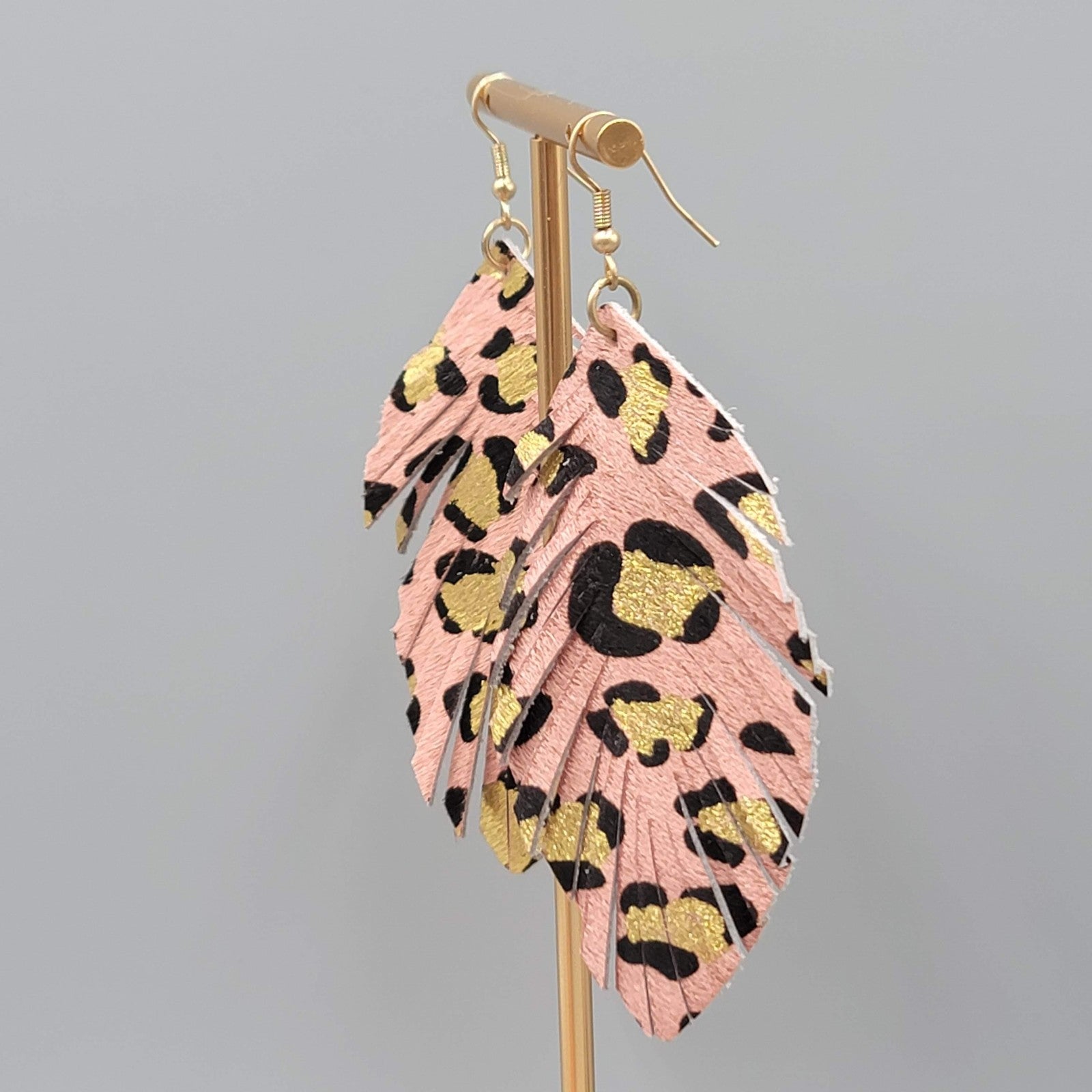 Leopard Print Leaf Earrings Faux Leather Statement Lightweight Boho 3.25"