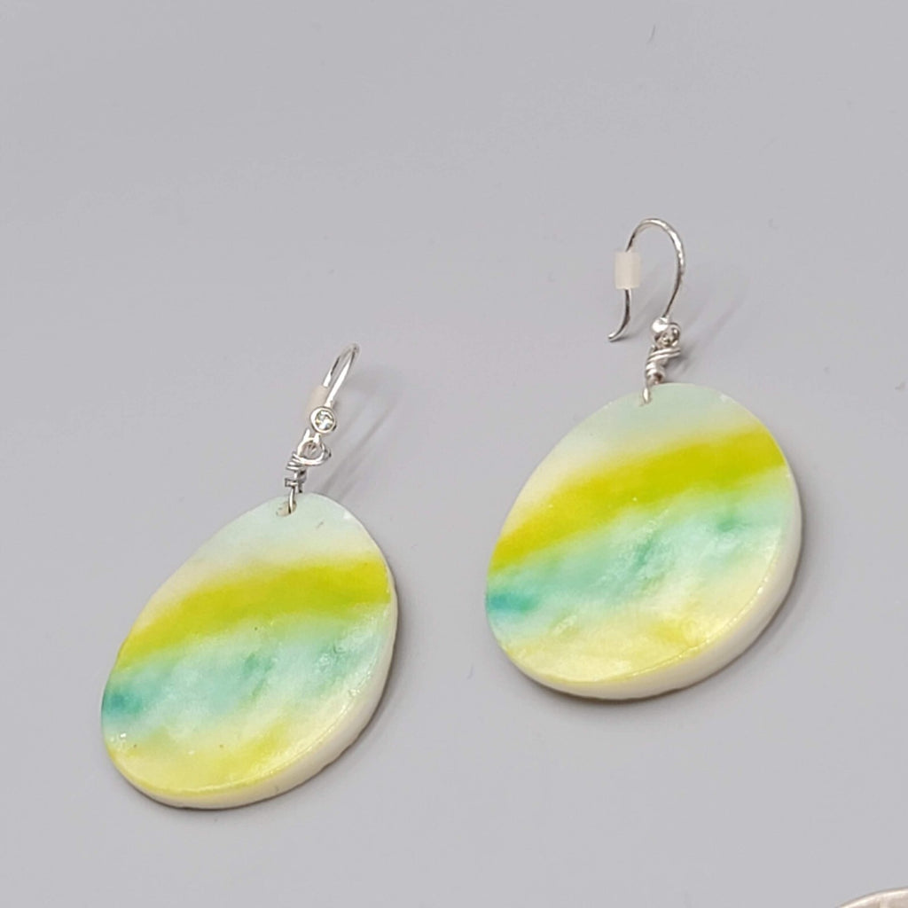 Shell Pierced Earrings Mother of Pearl Yellow Green Teardrop Dangle 1 5/8"