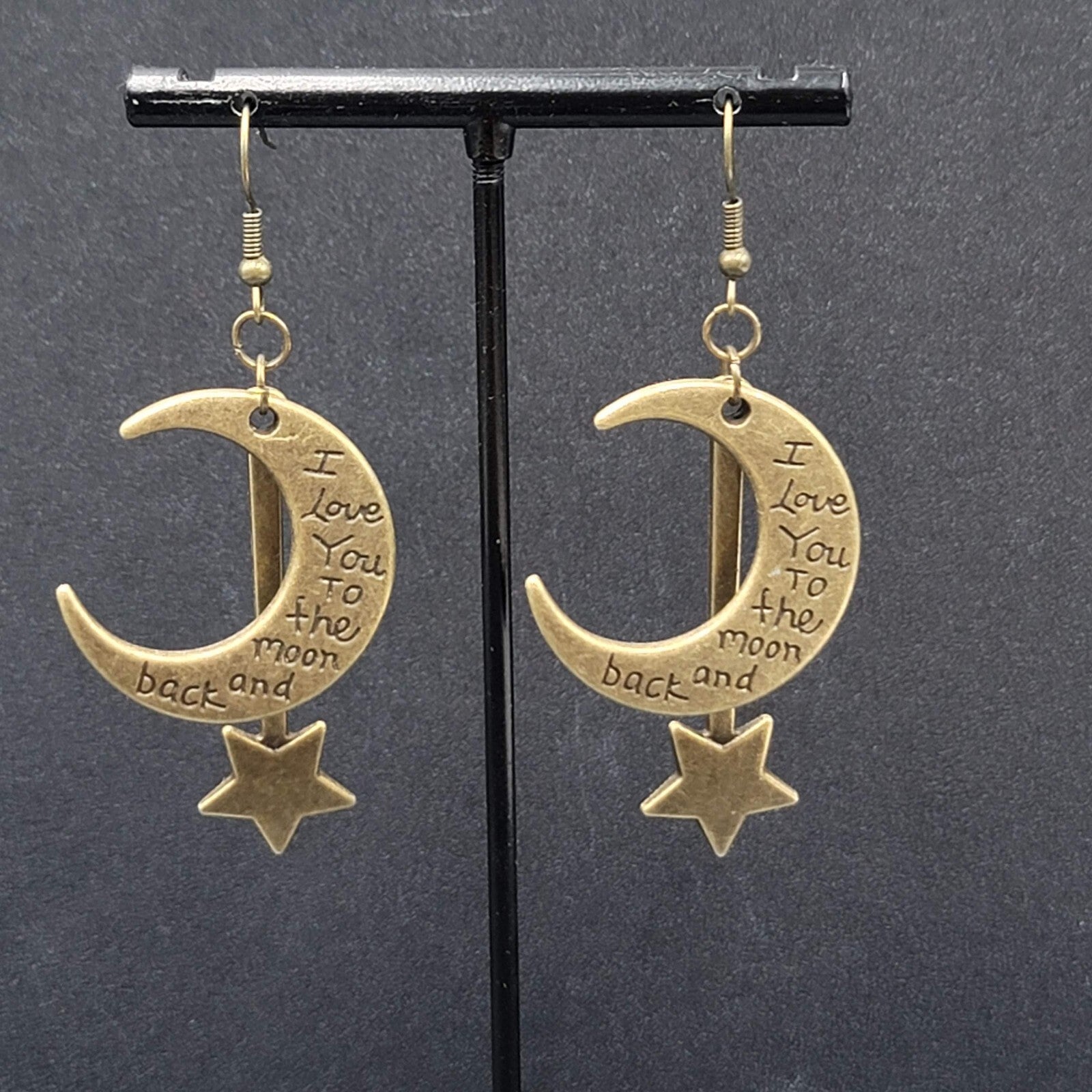 Pierced Earrings Bronze tone I Love You to the Moon and Back Metal Dangle 2"