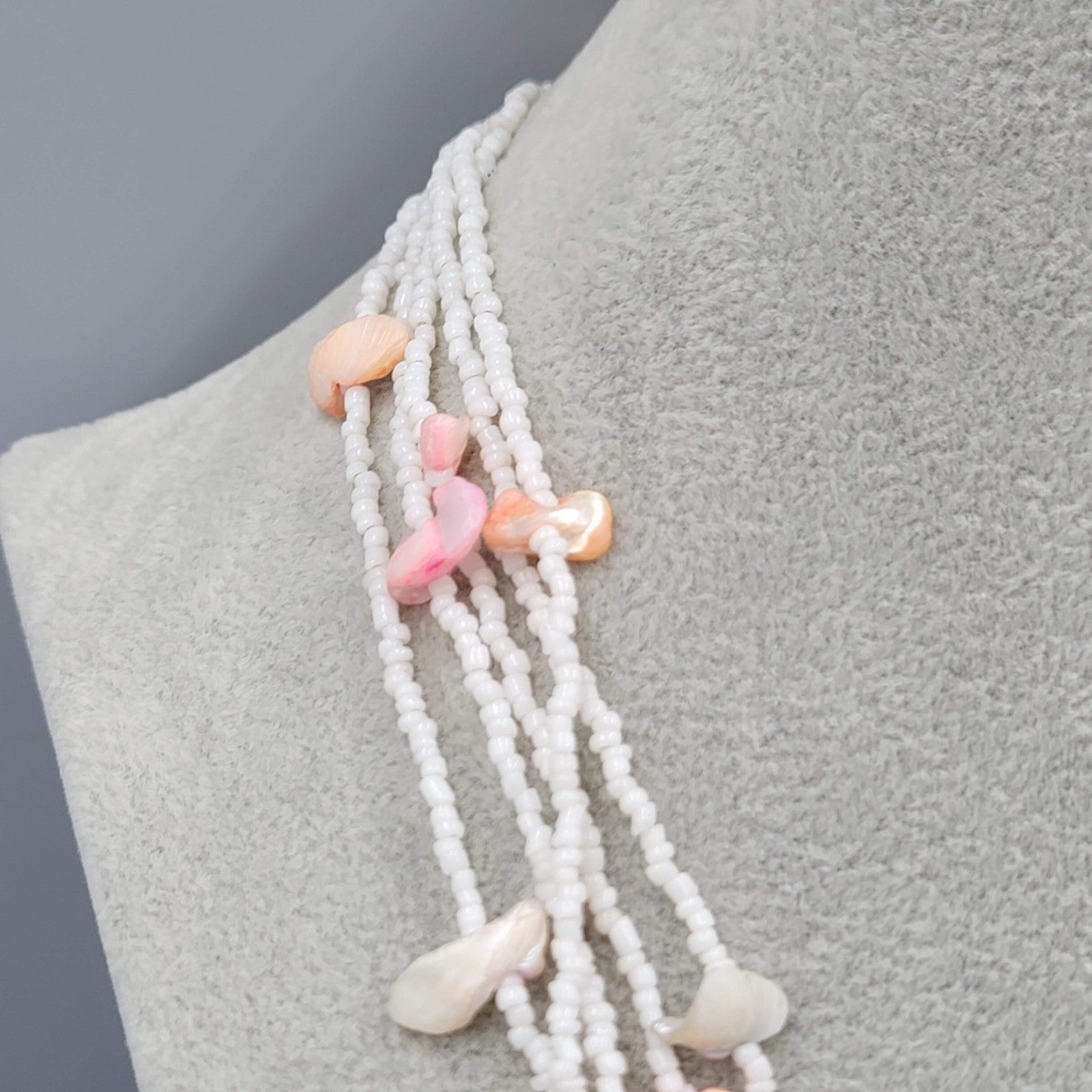 Vintage Multicolor Shell Necklace 5 Strand White Seed Bead  24"