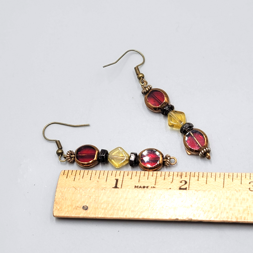 Red Yellow Glass Bead Pierced Earrings Bronze tone Dangle 1.75"