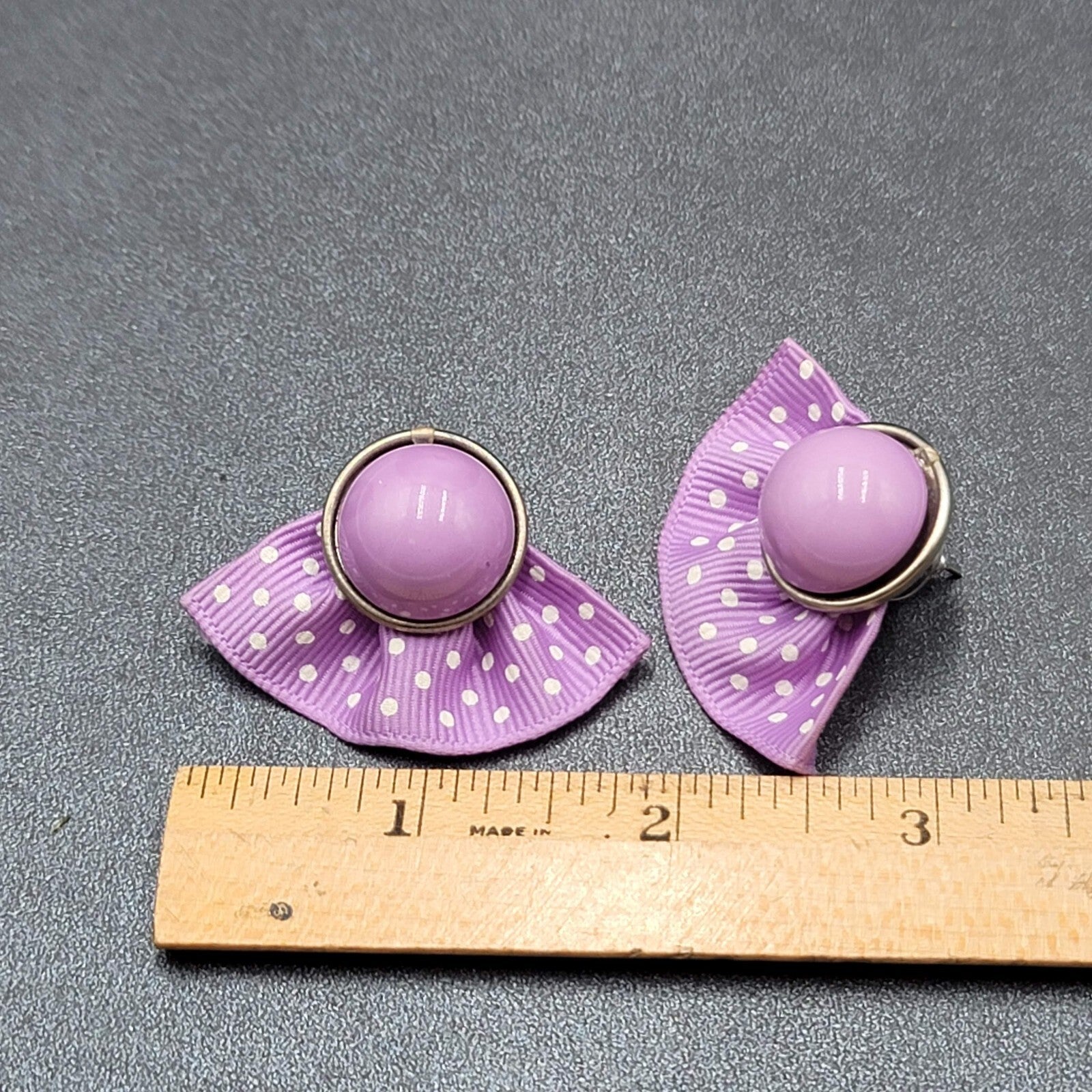 Vintage Pierced Earrings Purple Cabochon Polka Dot Grosgrain Ribbon 1 7/8"