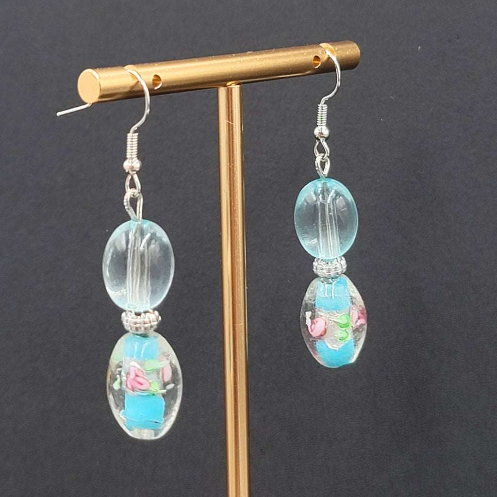 Blue Flower Art Glass Bead Pierced Earrings Silver tone Dangle 1.5"