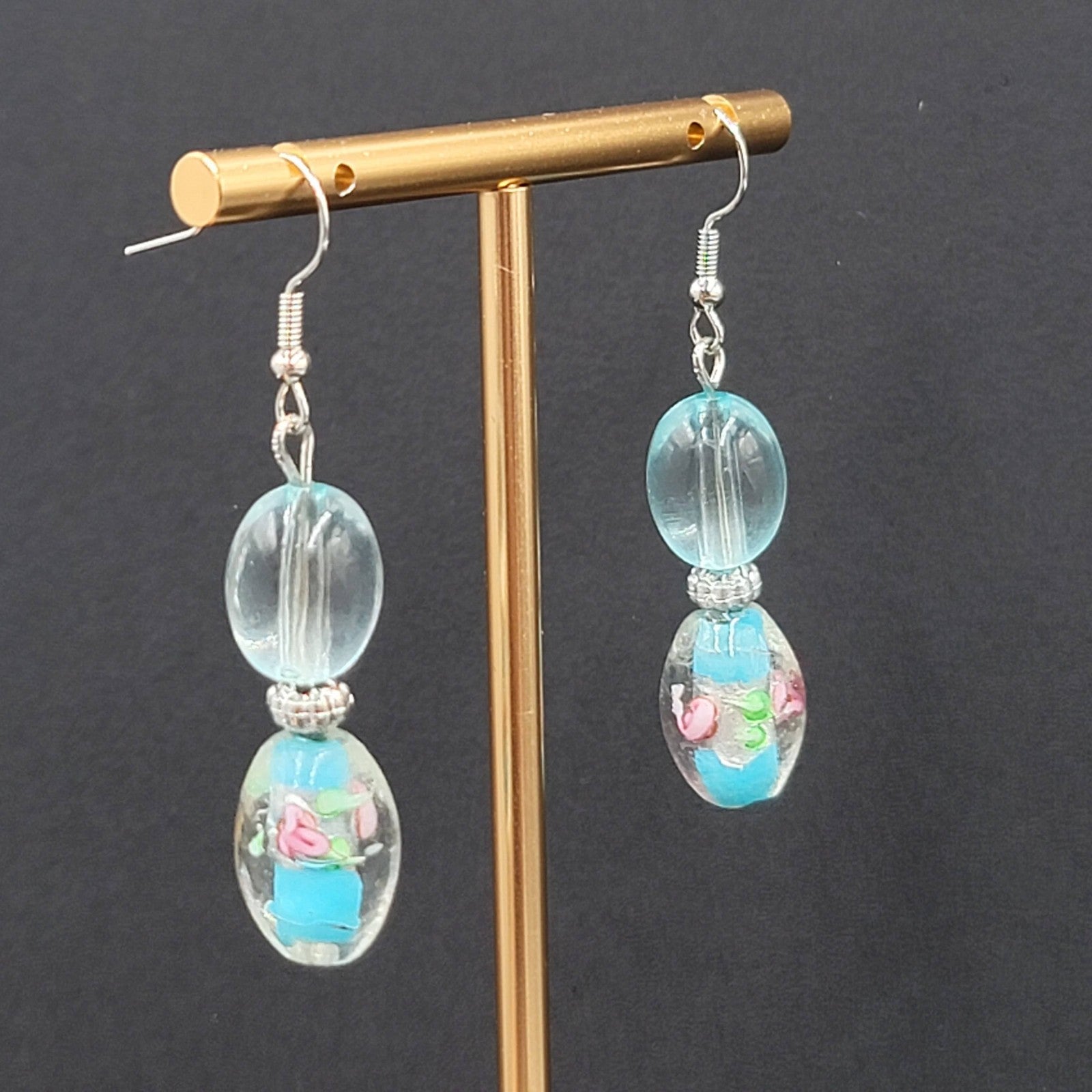 Blue Flower Art Glass Bead Pierced Earrings Silver tone Dangle 1.5"