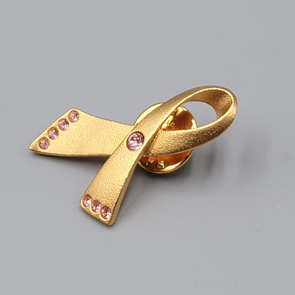 Vintage Avon Pin Gold tone Ribbon Pink Rhinestone 1 3/8"
