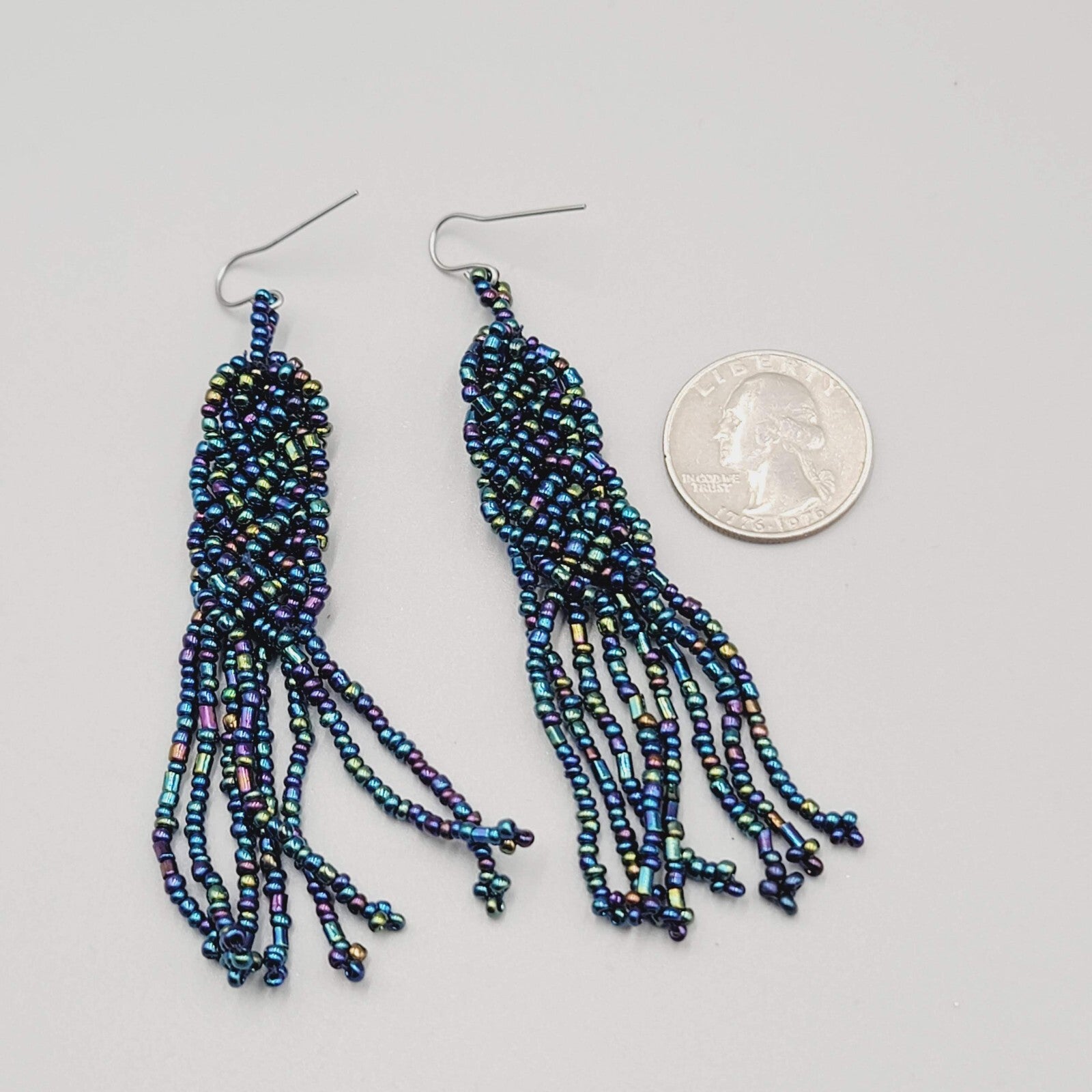Pierced Earrings AB Black Seed Bead Long Dangle 3"