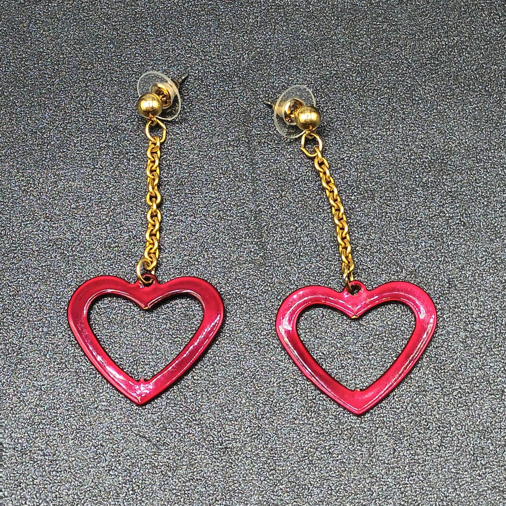 Pierced Earrings Gold tone Chain Sparkle Red Enamel Open Heart 2 1/2"