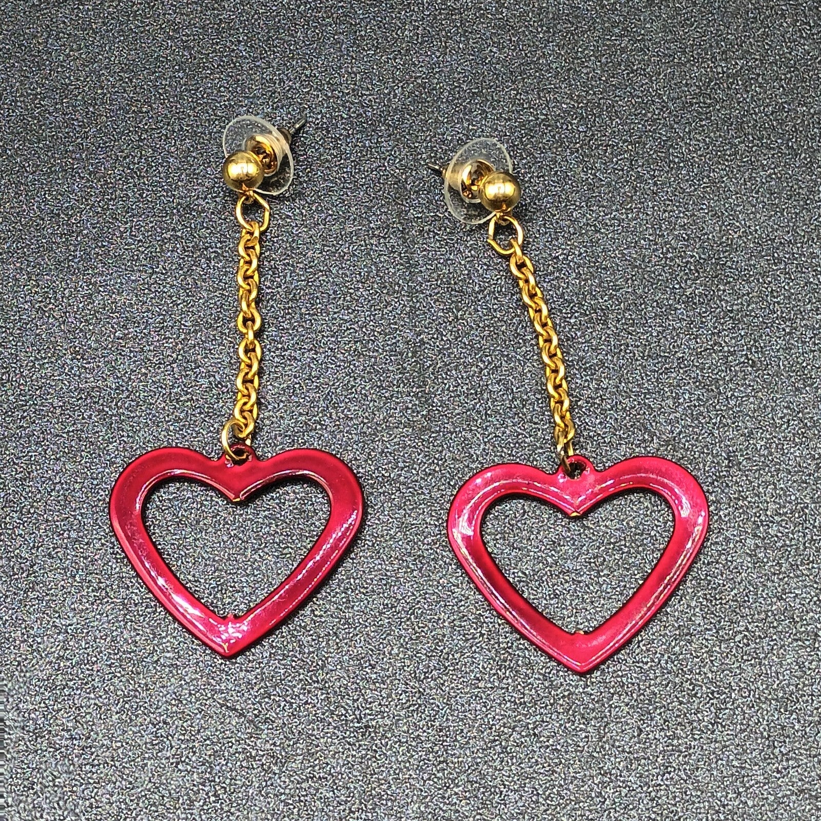 Pierced Earrings Gold tone Chain Sparkle Red Enamel Open Heart 2 1/2"